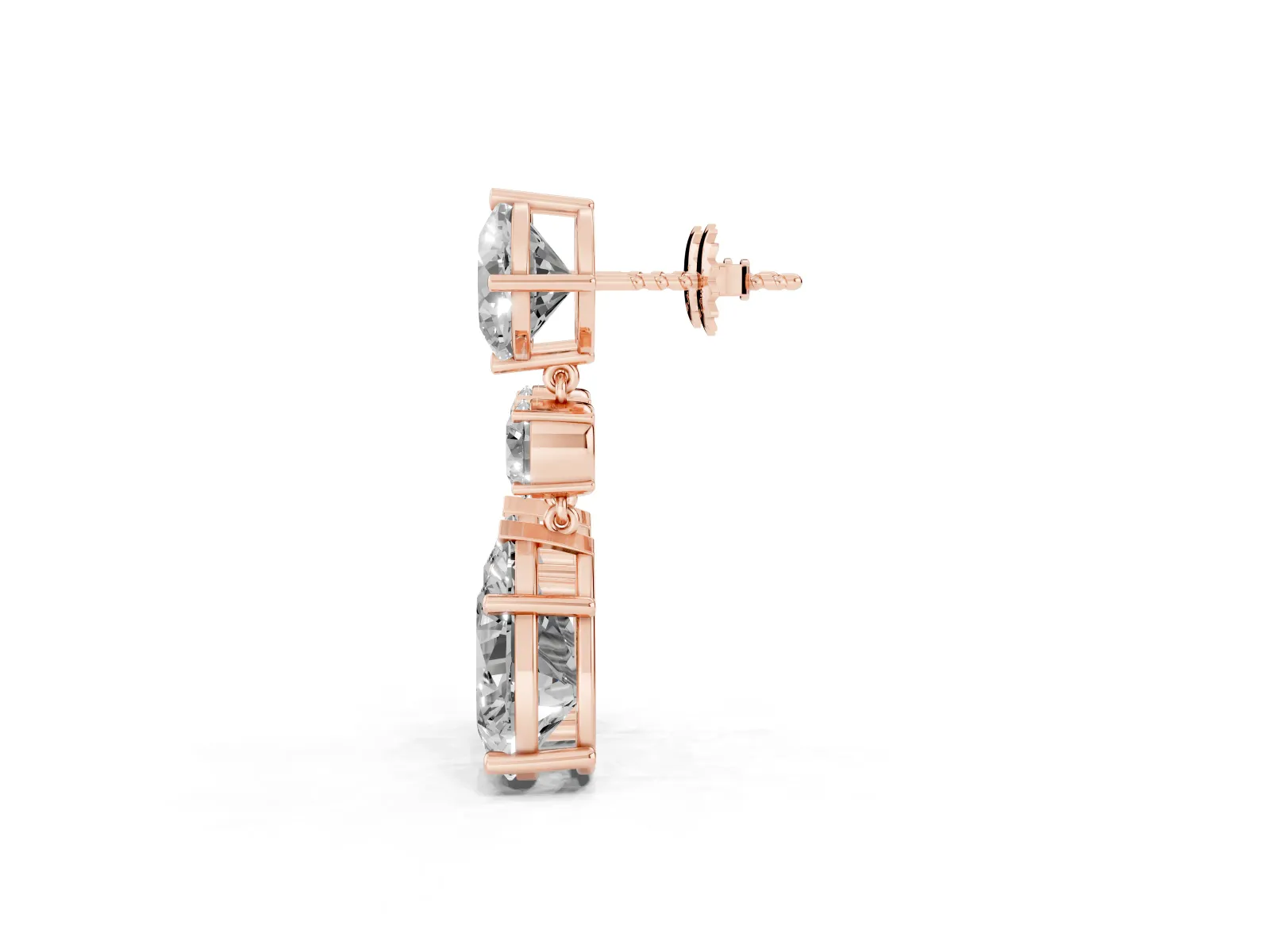 Cushion, Round and Pear Diamond Three-Stone Drop Earrings Rose gold