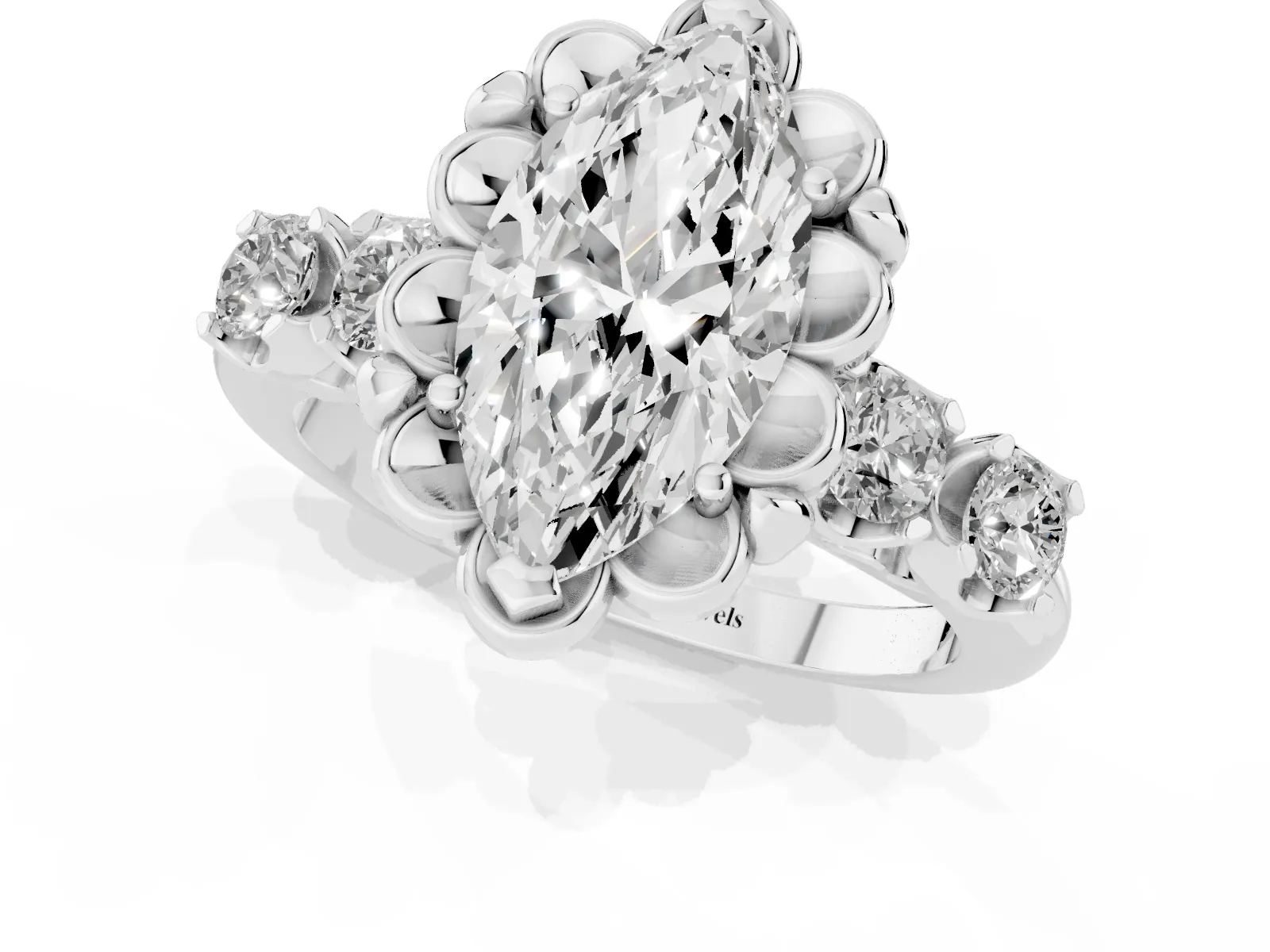 Marquise Cut Cut Diamond Floral Halo Engagement Ring with Shared Prong Setting Platinum