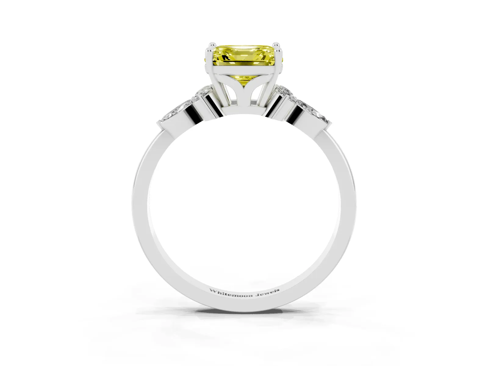 Fancy Yellow Asscher Cut Brilliant Diamond Solitaire Ring with Pear Side Stones and Four-Prong Setting Platinum