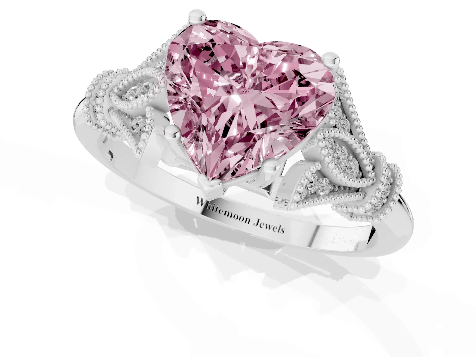 Fancy Pink Heart Cut Diamond Solitaire Ring with Floral Filigree and Pave Accents Platinum
