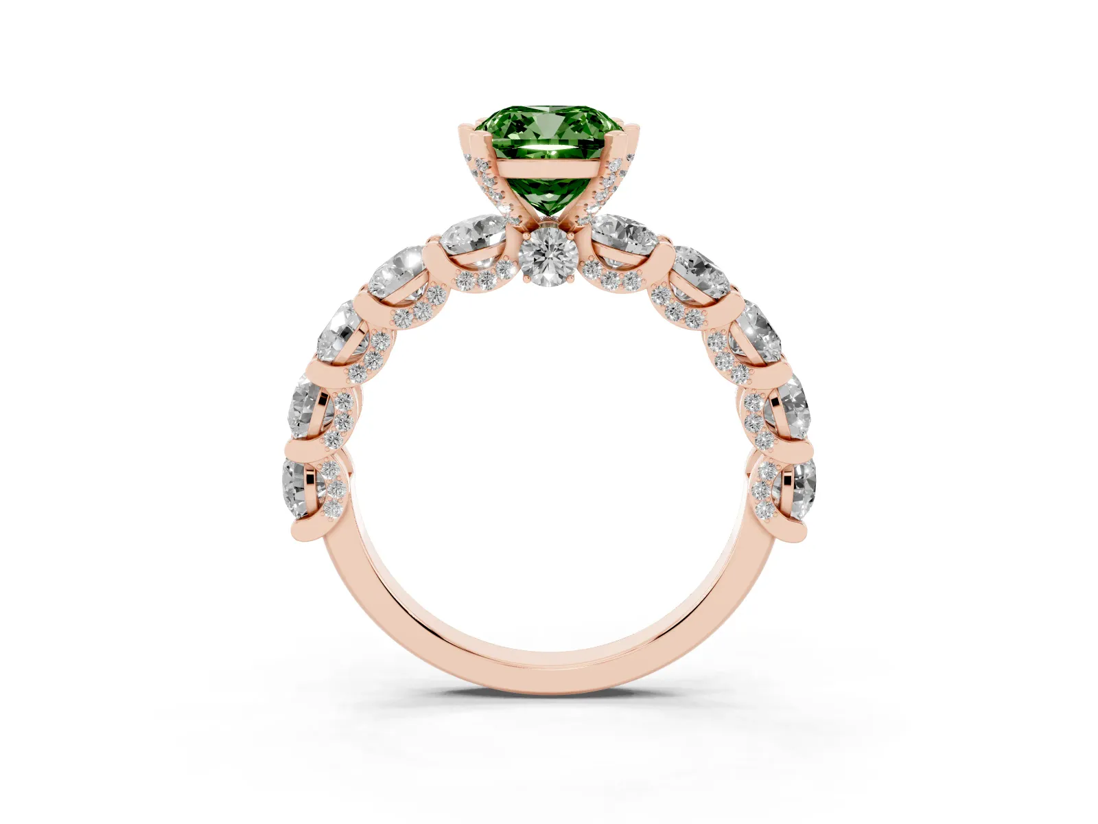 Fancy Green Cushion Cut Diamond Side Stone Engagement Ring with Four-Prong Setting Rose gold