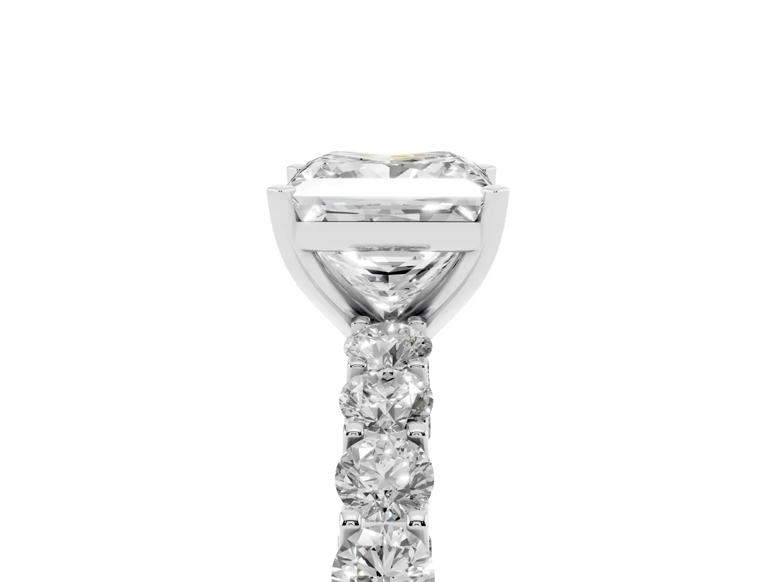 Princess Cut Diamond Solitaire Ring with Shared Prong Pavé Band and Four-Prong Setting White gold