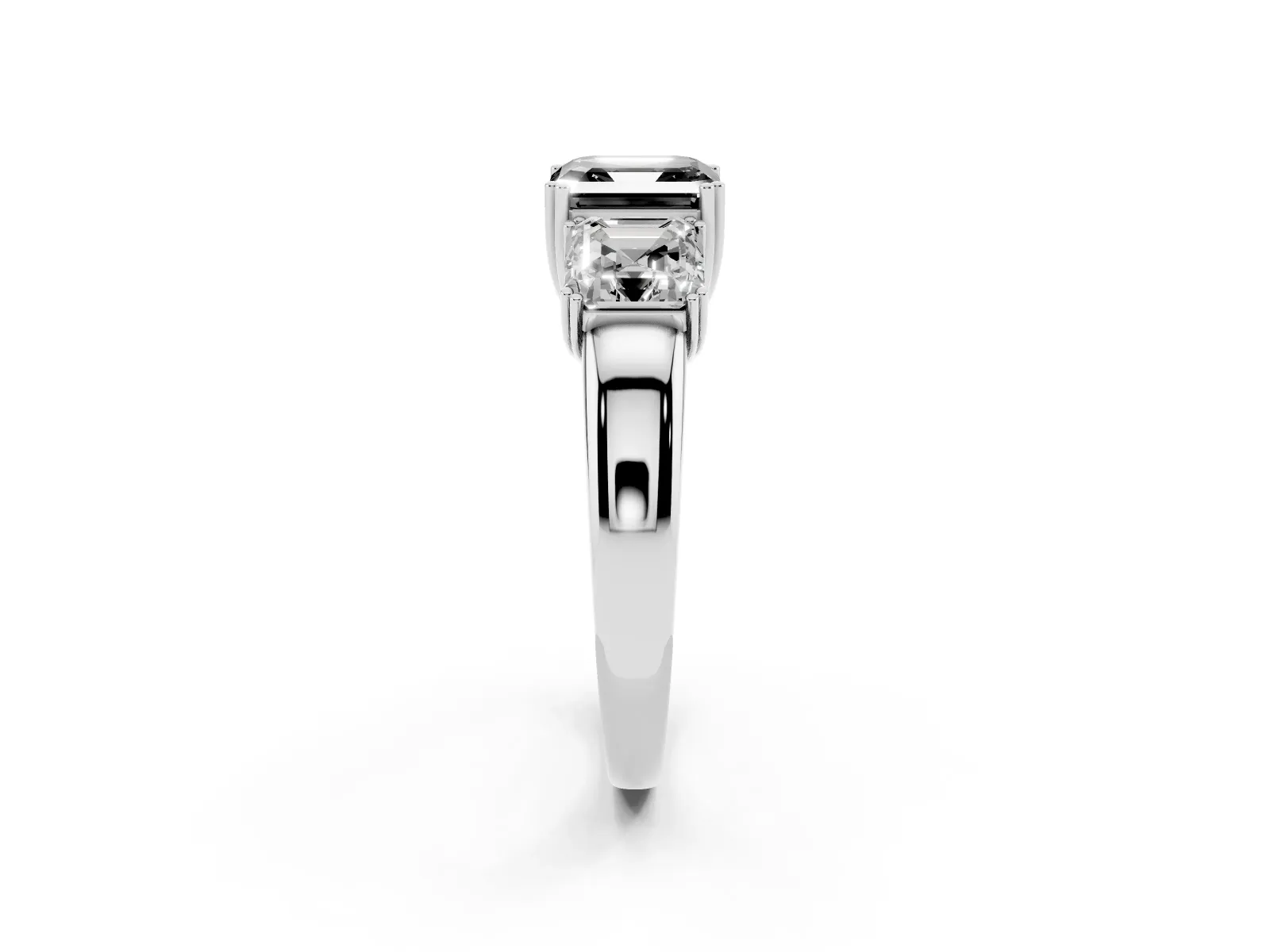 Fancy Black Three-Stone Asscher Cut Cut Diamond Ring with Channel Set Band and Four-Prong Setting White gold