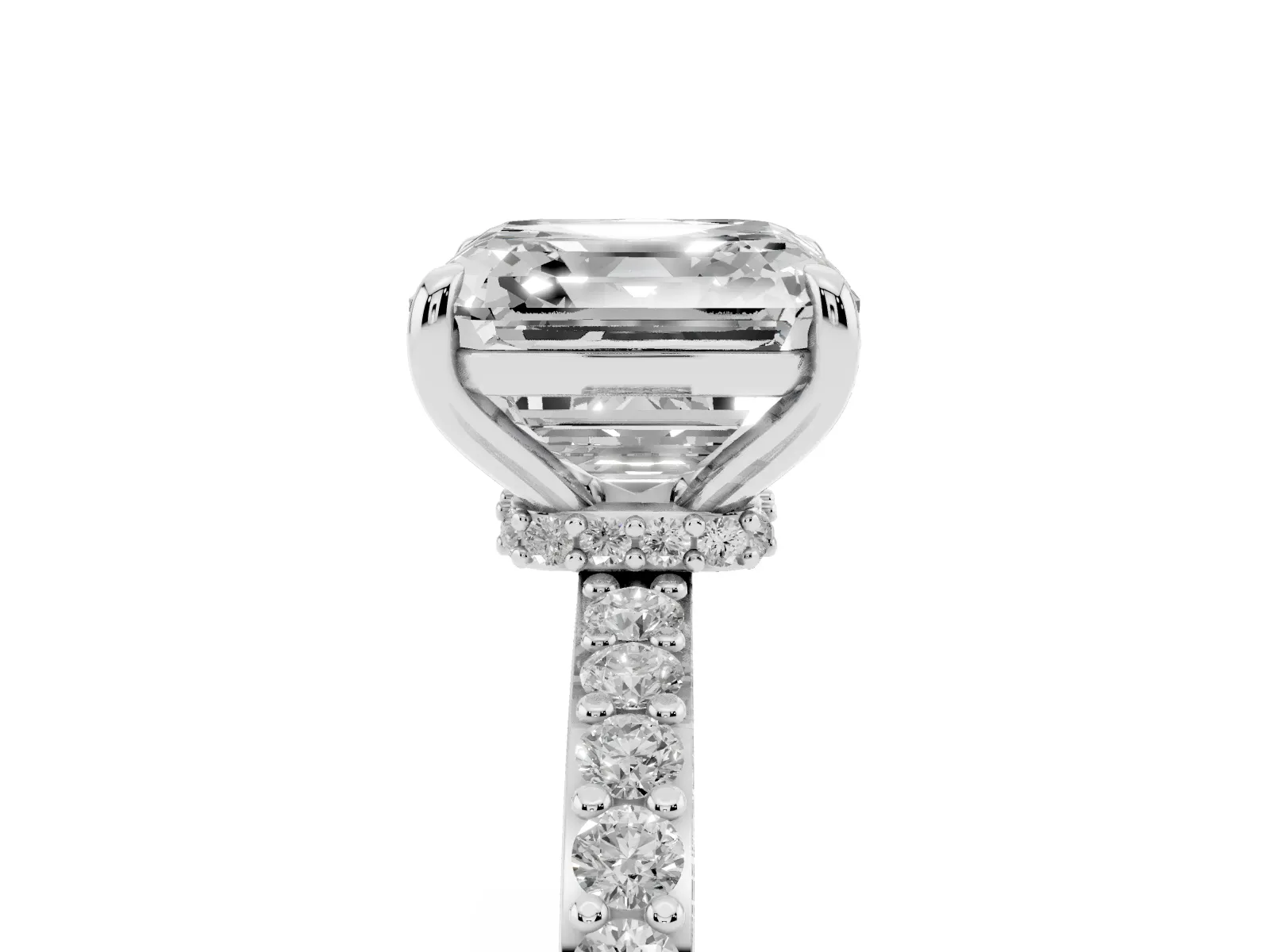 Asscher Cut Diamond Solitaire Engagement Ring with Pavé Band and Four-Prong Setting White gold