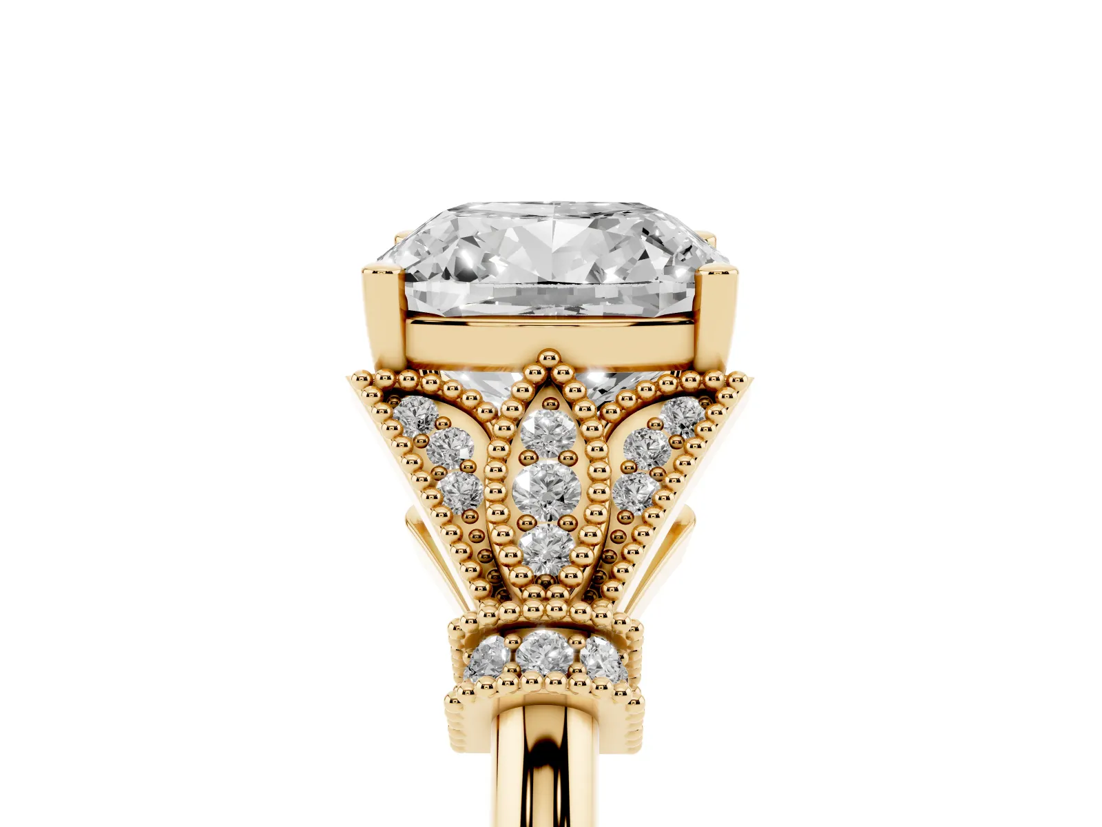 Cushion Cut Diamond Solitaire Ring with Floral Filigree and Pave Accents Yellow gold