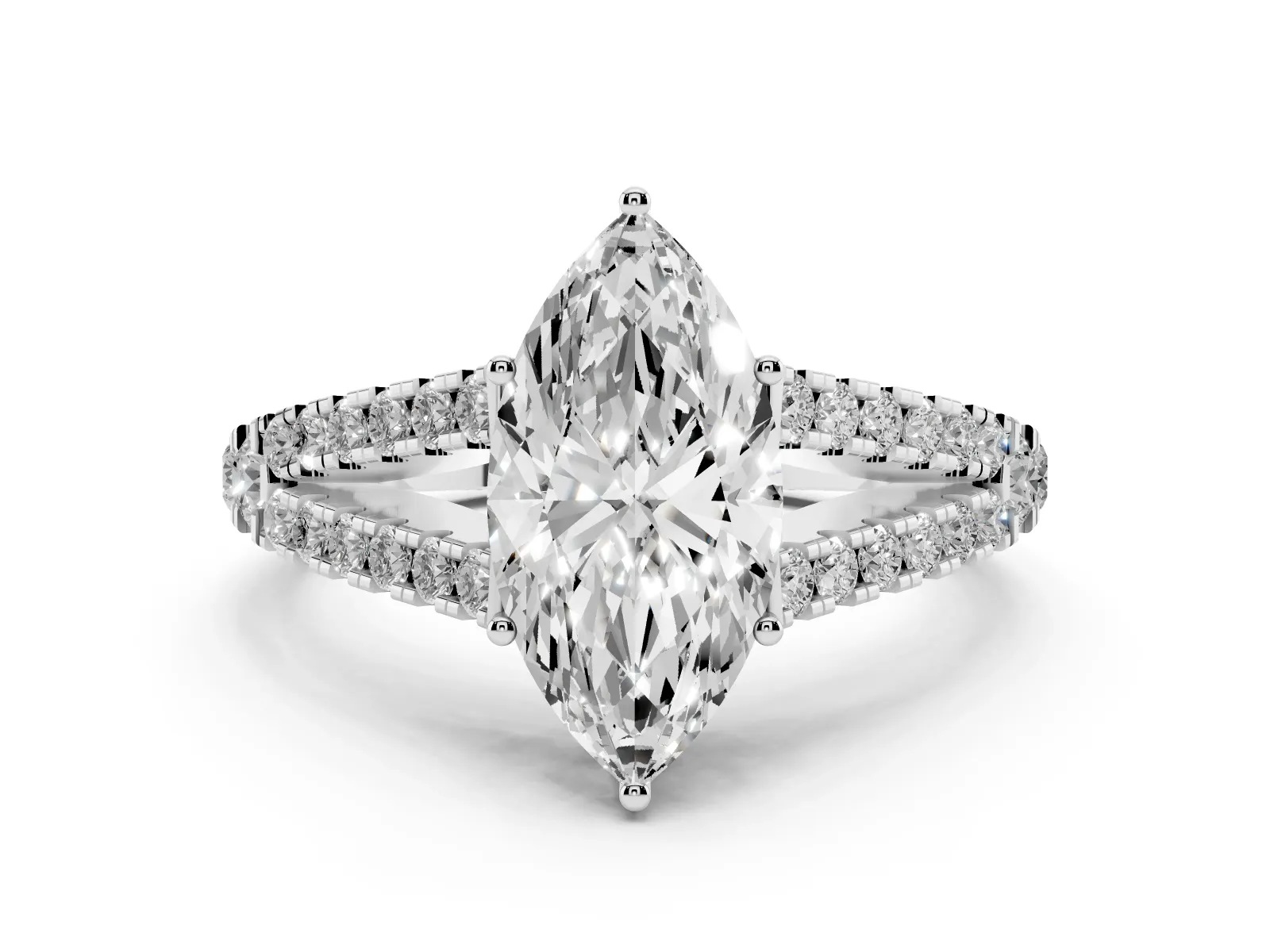 Marquise Cut Diamond Split Shank Engagement Ring with Round Pavé and Prong Setting White gold