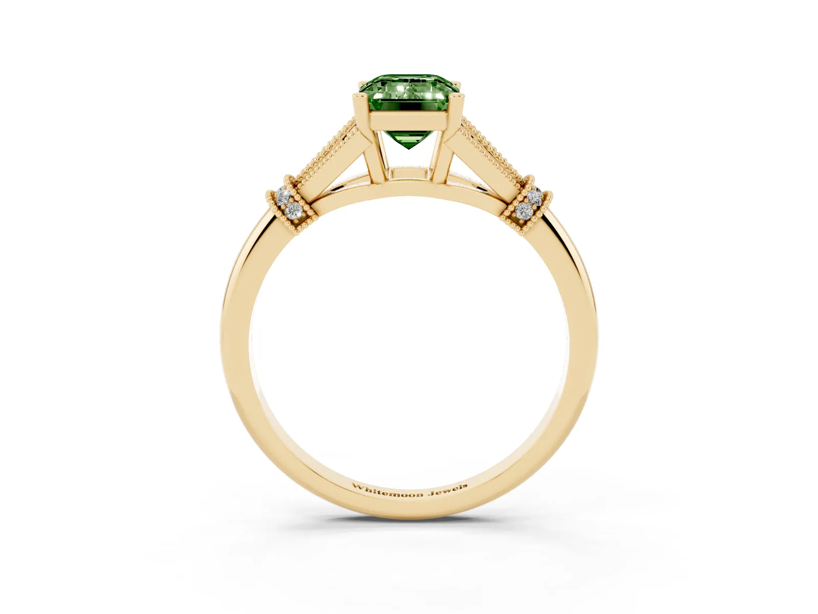 Fancy Green Emerald Cut Diamond Solitaire Ring with Floral Filigree and Pave Accents Yellow gold