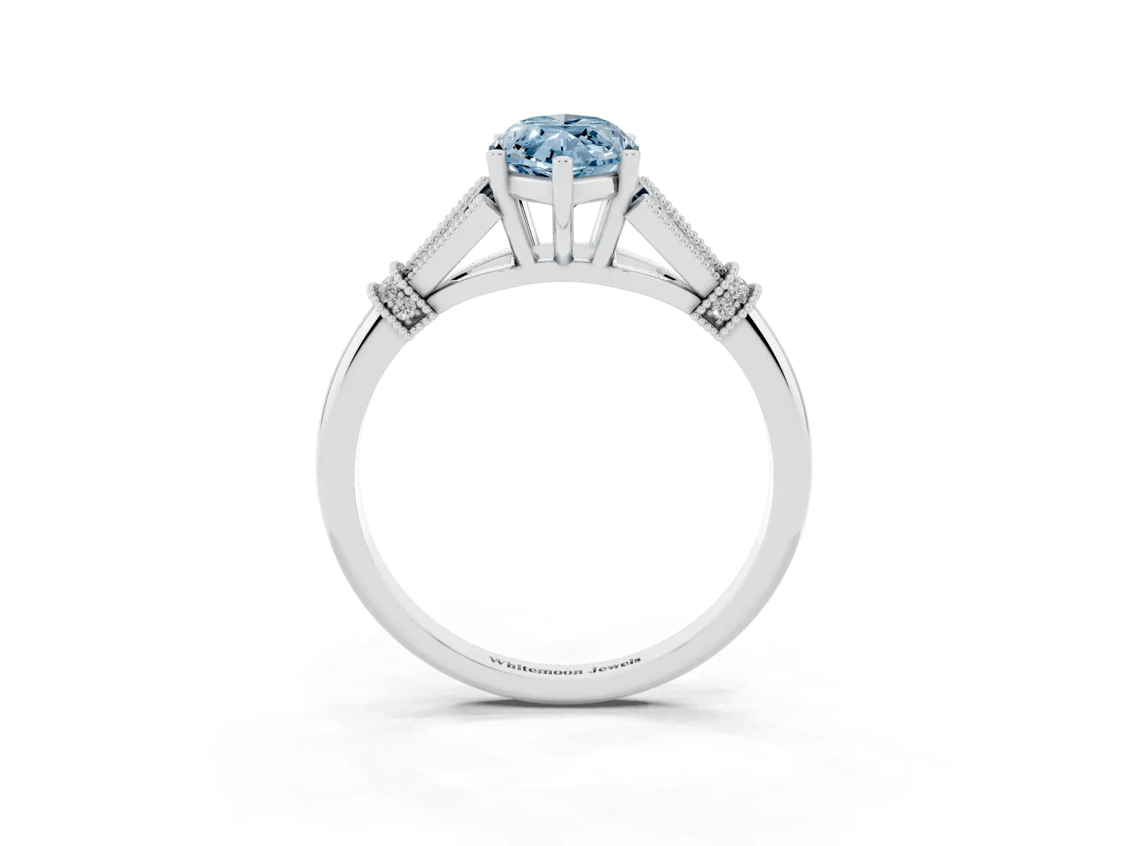Fancy Blue Marquise Cut Diamond Solitaire Ring with Floral Filigree and Pave Accents Platinum