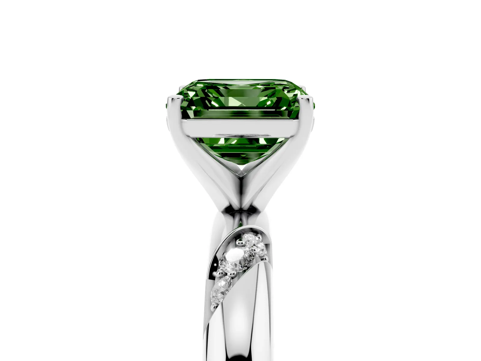 Fancy Green Asscher Cut Diamond Solitaire Engagement Ring with Twisted Round Accent Band and Prong Setting Platinum