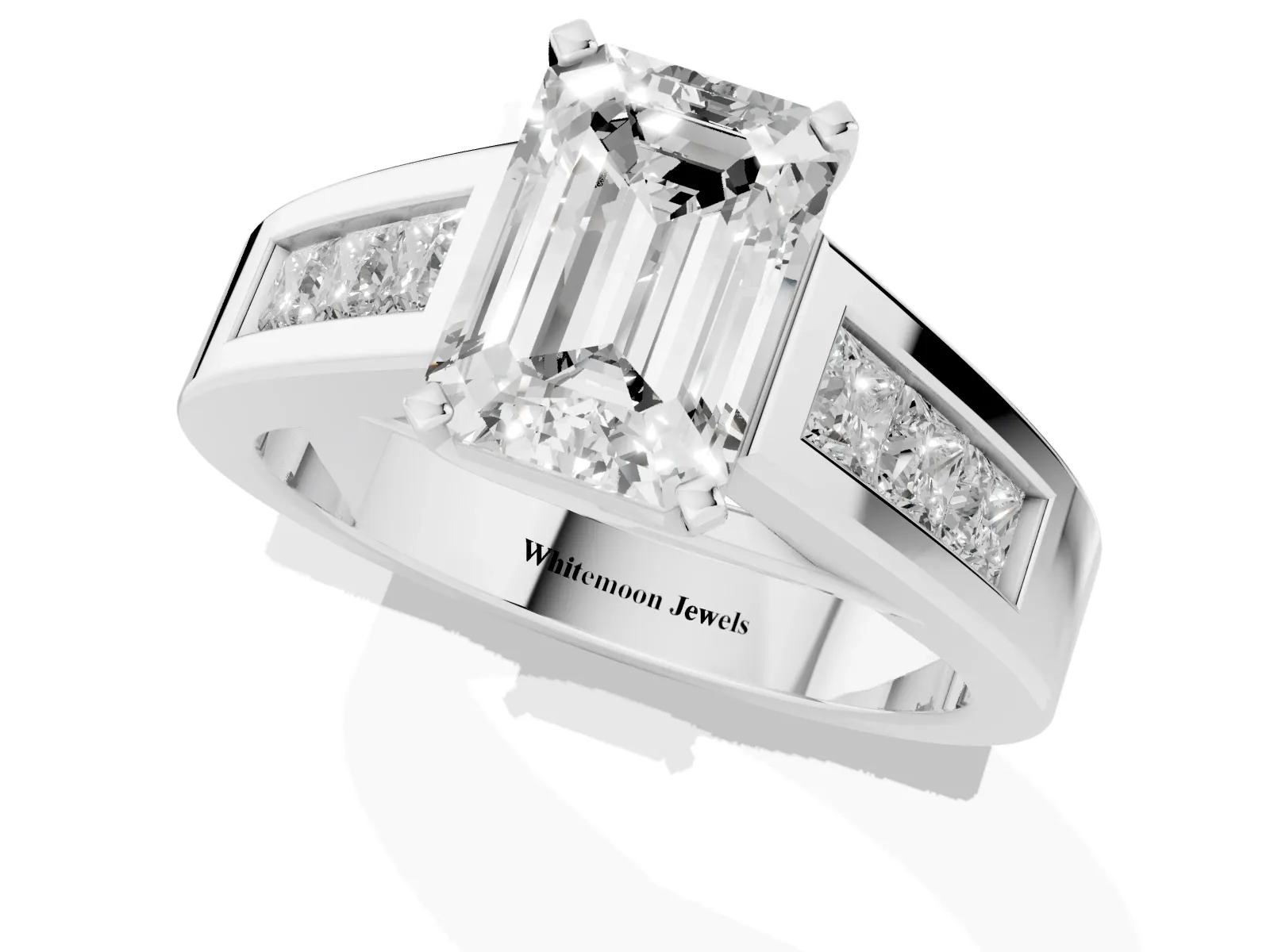 Emerald Cut Cut Channel Set Solitaire Ring with Four-Prong Setting Platinum