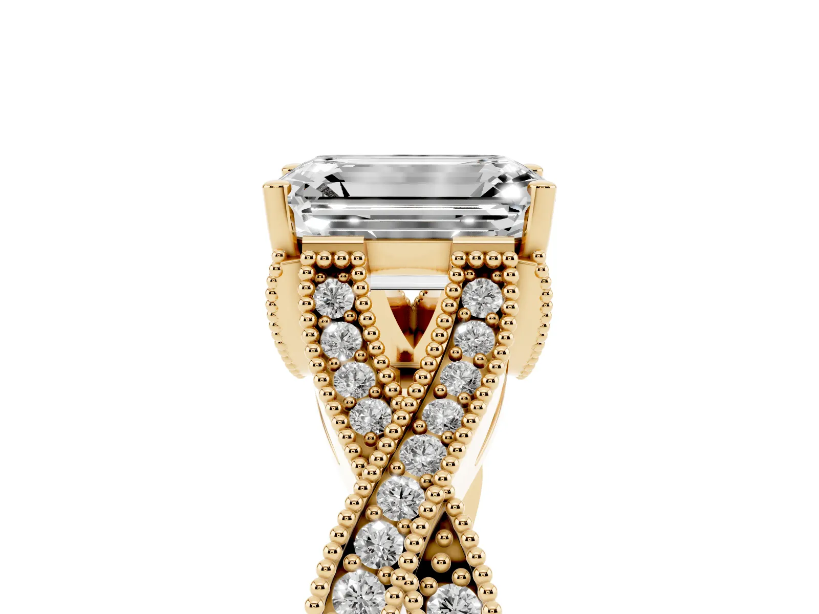 Emerald Cut Cut Diamond Twisted Band with Milgrain Pave Setting and Four-Prong Setting Yellow gold