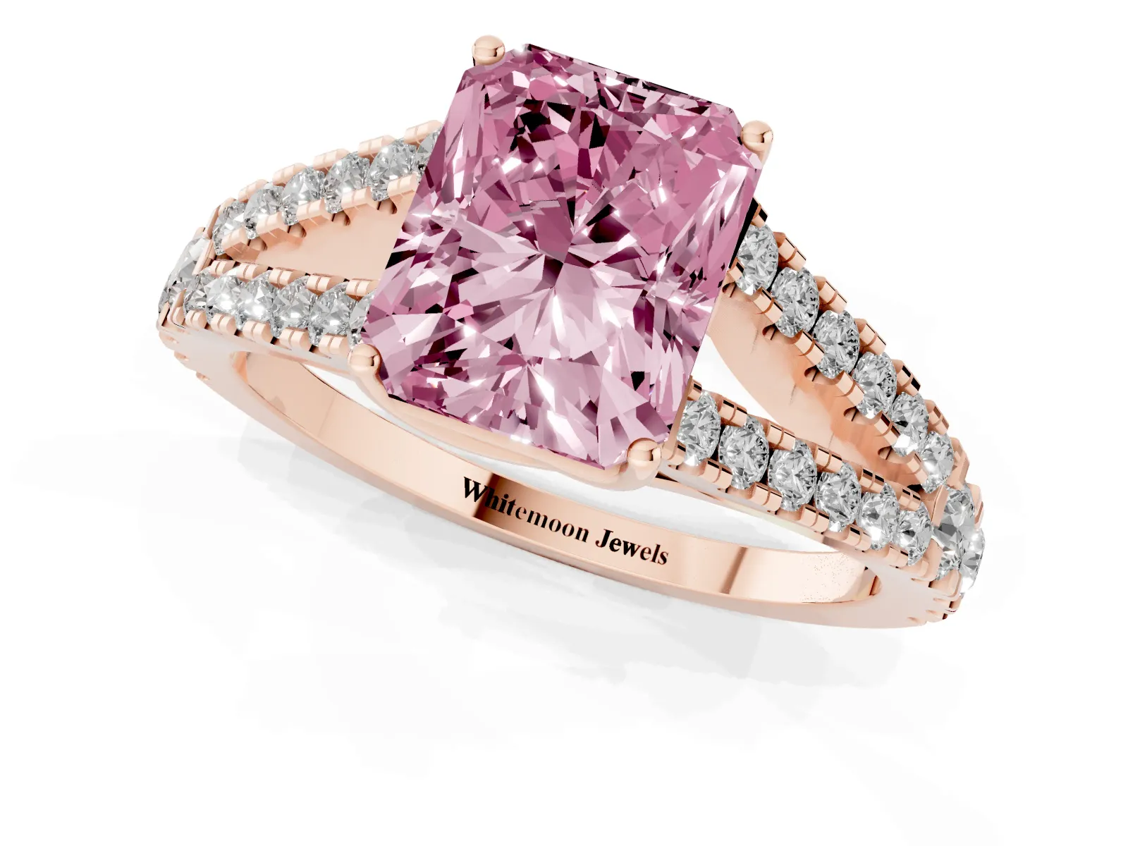 Fancy Pink Radiant Cut Diamond Split Shank Engagement Ring with Round Pavé and Prong Setting Rose gold