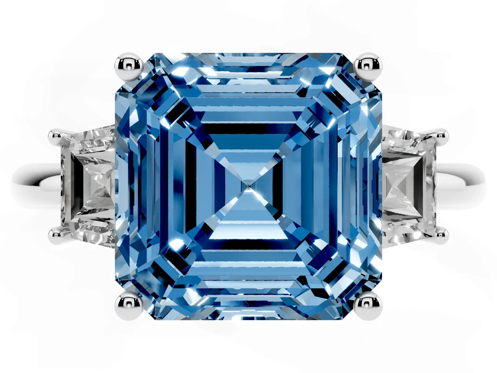 Fancy Blue Asscher Cut Diamond Three-Stone Ring with Trapezoid Side Stones and Prong Setting White gold