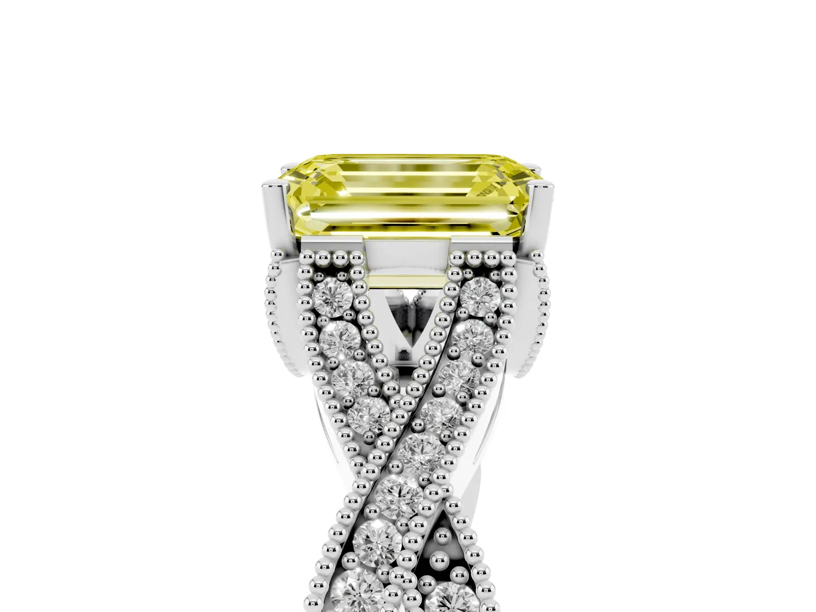Fancy Yellow Emerald Cut Cut Diamond Twisted Band with Milgrain Pave Setting and Four-Prong Setting Platinum