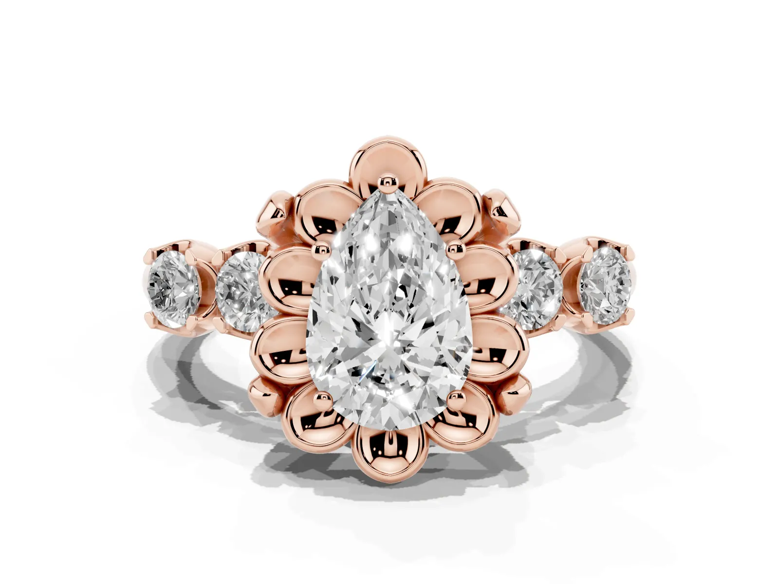 Pear Cut Cut Diamond Floral Halo Engagement Ring with Shared Prong Setting Rose gold