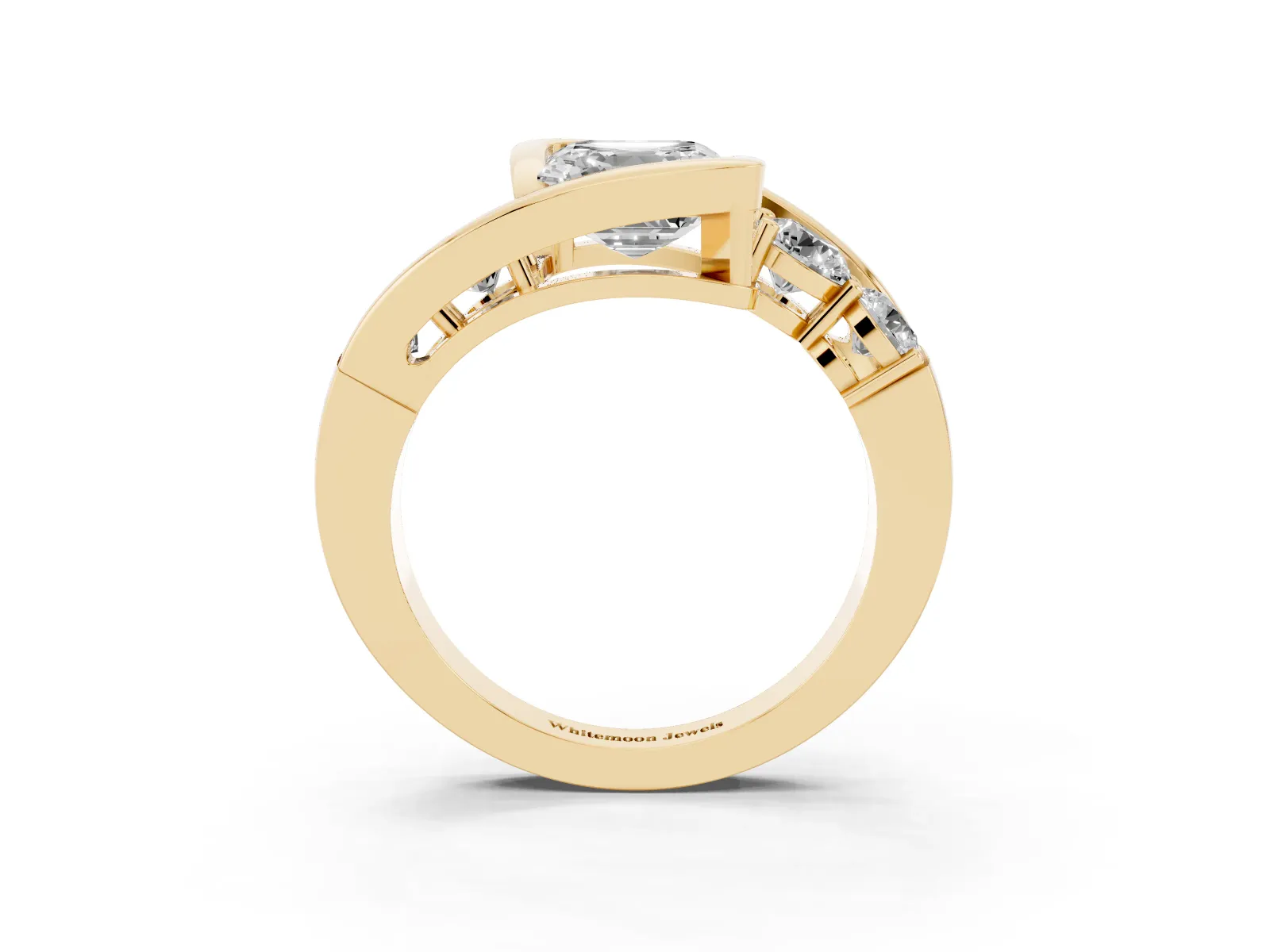 Bezel Set Asscher Cut Diamond Bypass Ring with Round Accents Yellow gold