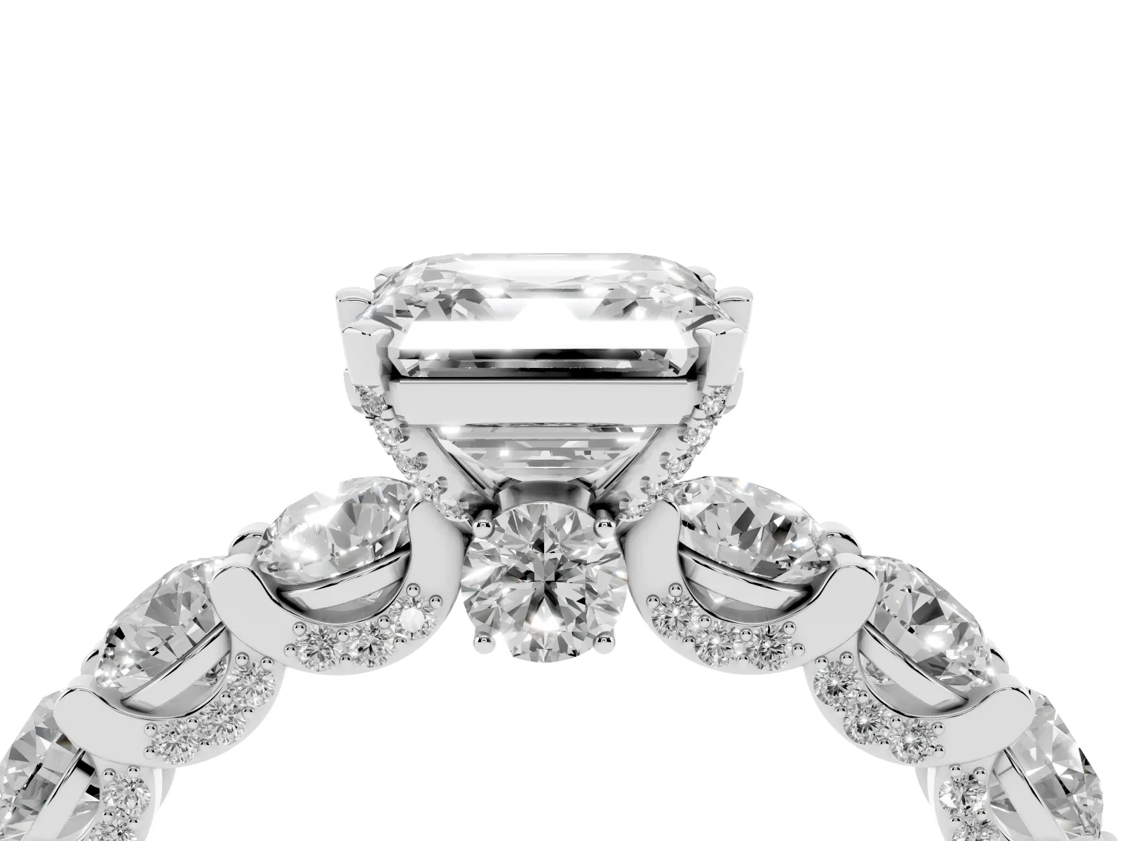 Asscher Cut Diamond Side Stone Engagement Ring with Four-Prong Setting Silver