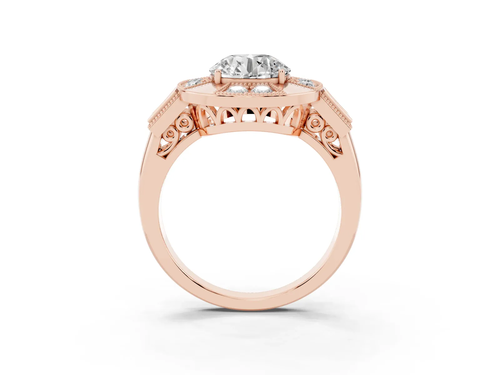 Milgrain Round Cut Diamond Halo Split Shank Ring Rose gold