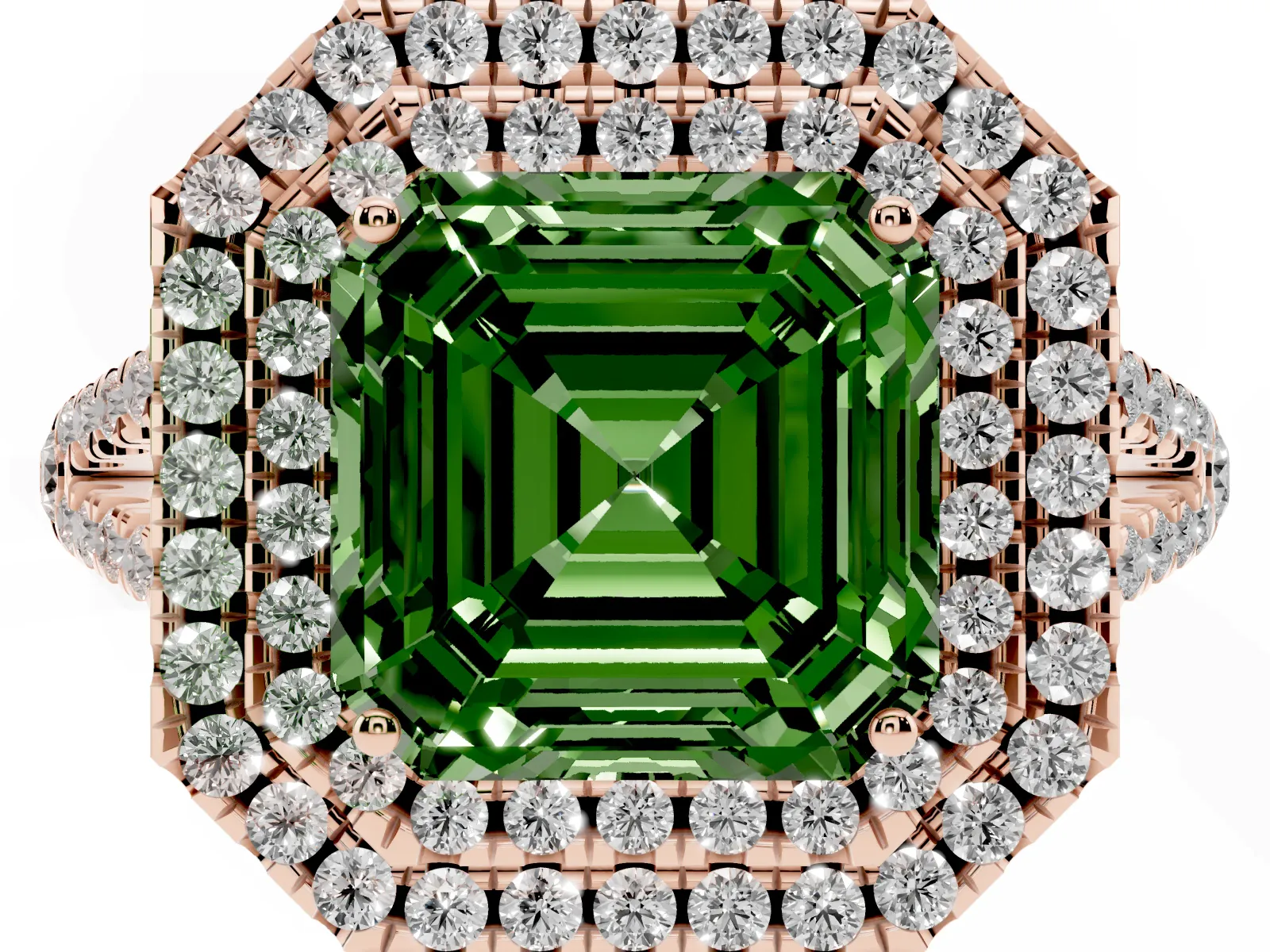 Fancy Green Asscher Cut Diamond Double Halo Ring with Pavé Band and Prong Setting Rose gold