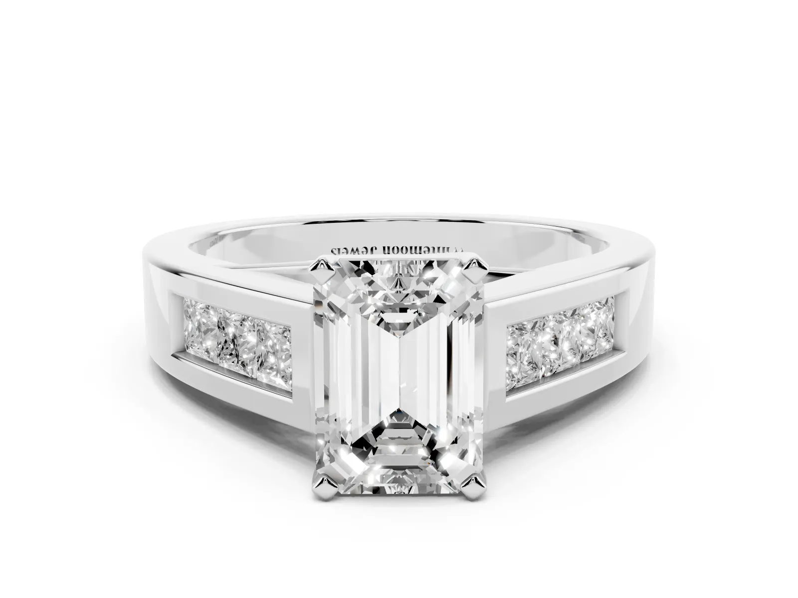Emerald Cut Cut Channel Set Solitaire Ring with Four-Prong Setting Platinum