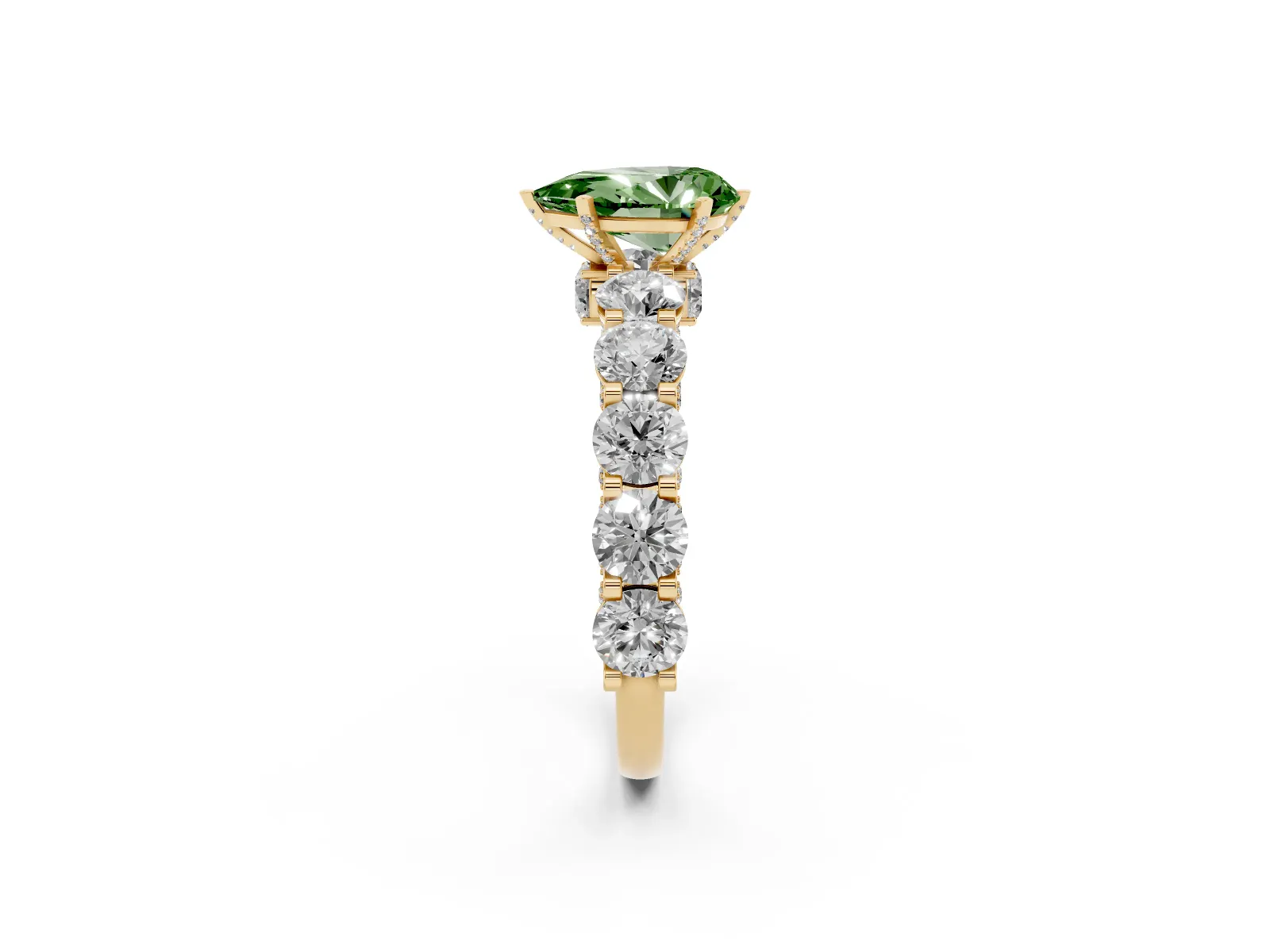 Fancy Green Pear Cut Diamond Side Stone Engagement Ring with Four-Prong Setting Yellow gold