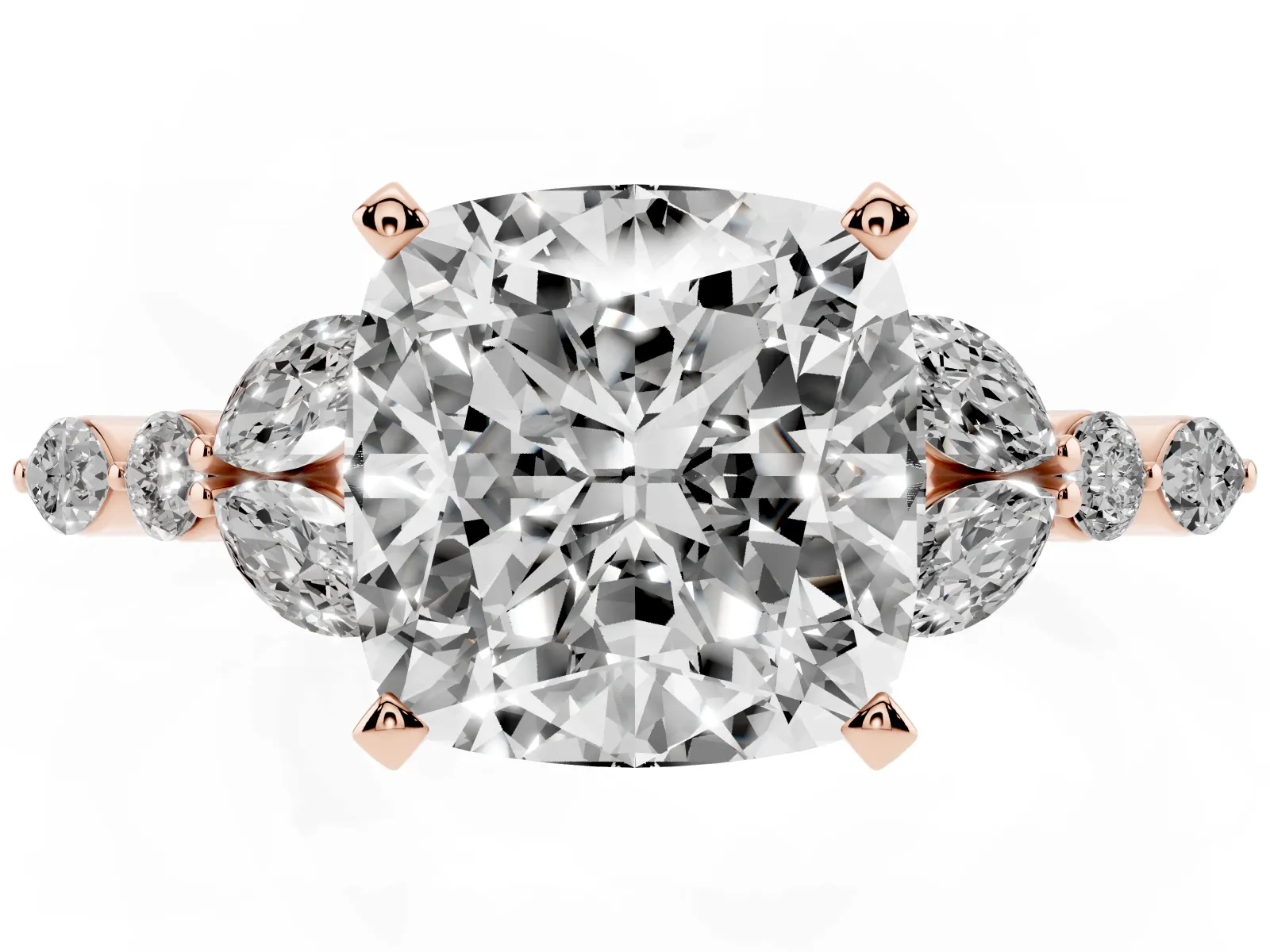 Cushion Cut Diamond Solitaire Ring with Side Stones and Four-Prong Setting Rose gold