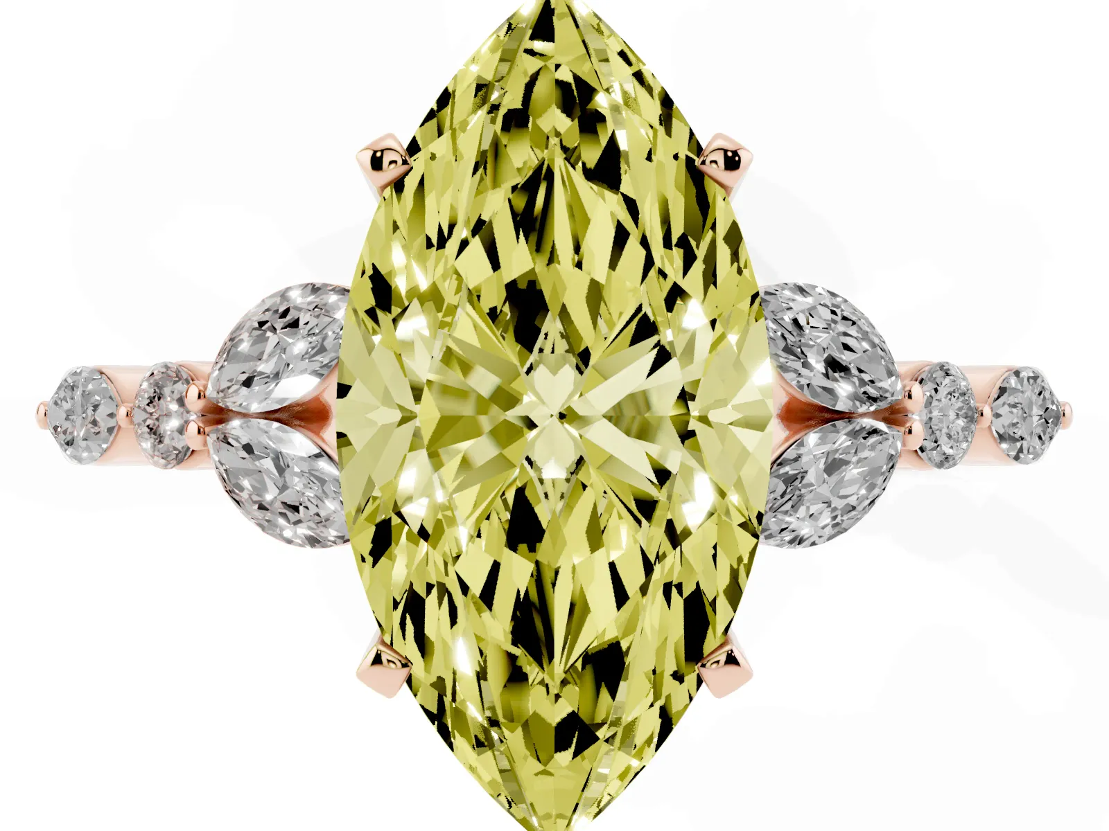 Fancy Yellow Marquise Cut Diamond Solitaire Ring with Side Stones and Four-Prong Setting Rose gold
