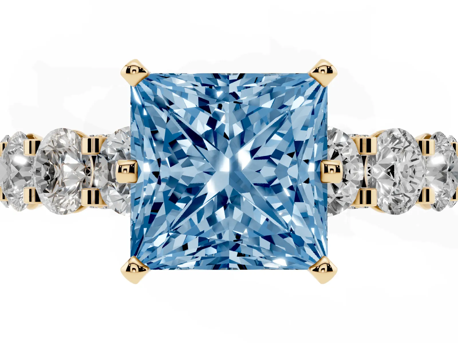Fancy Blue Princess Cut Diamond Side Stone Engagement Ring with Four-Prong Setting Yellow gold