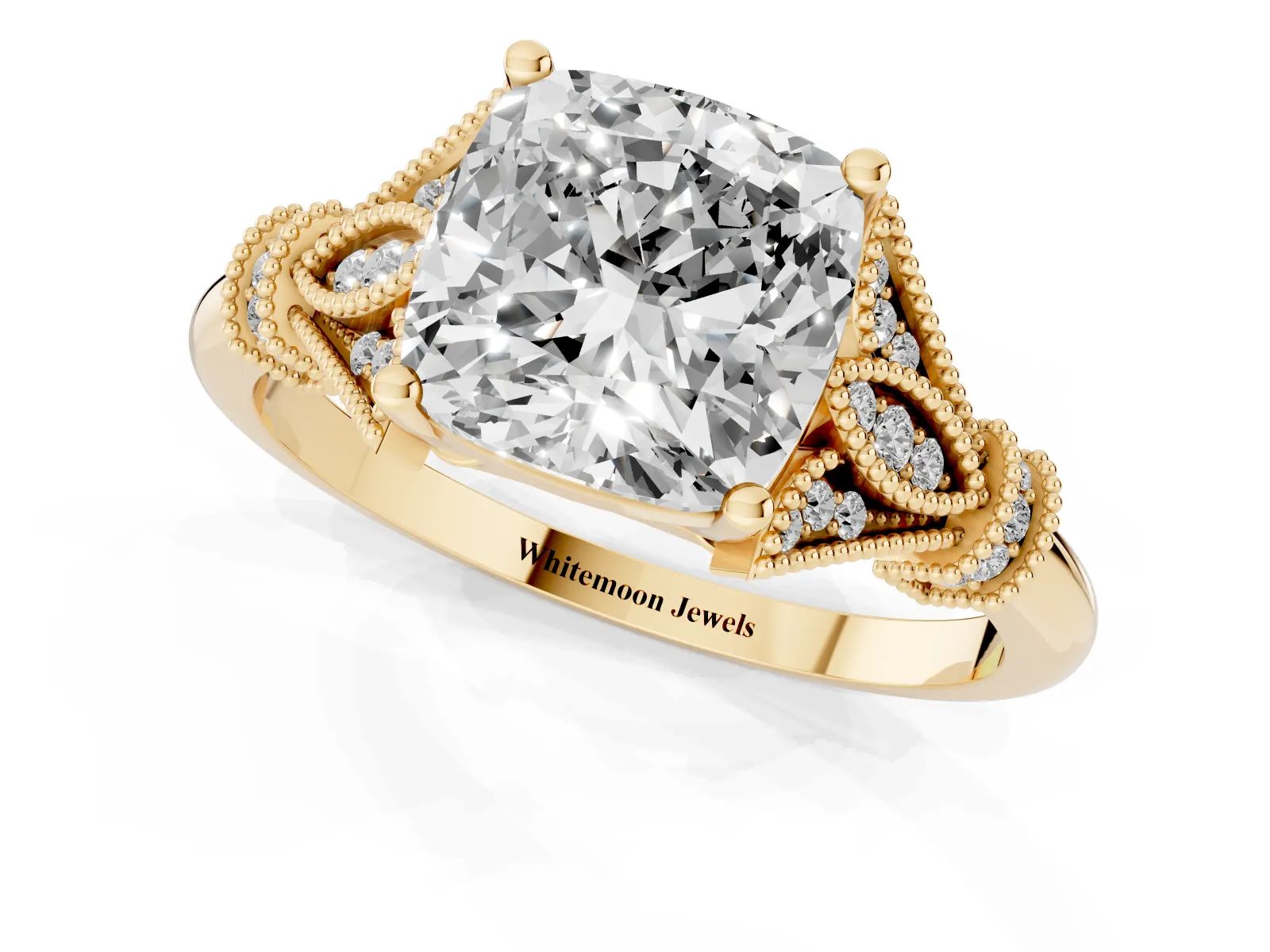 Cushion Cut Diamond Solitaire Ring with Floral Filigree and Pave Accents Yellow gold