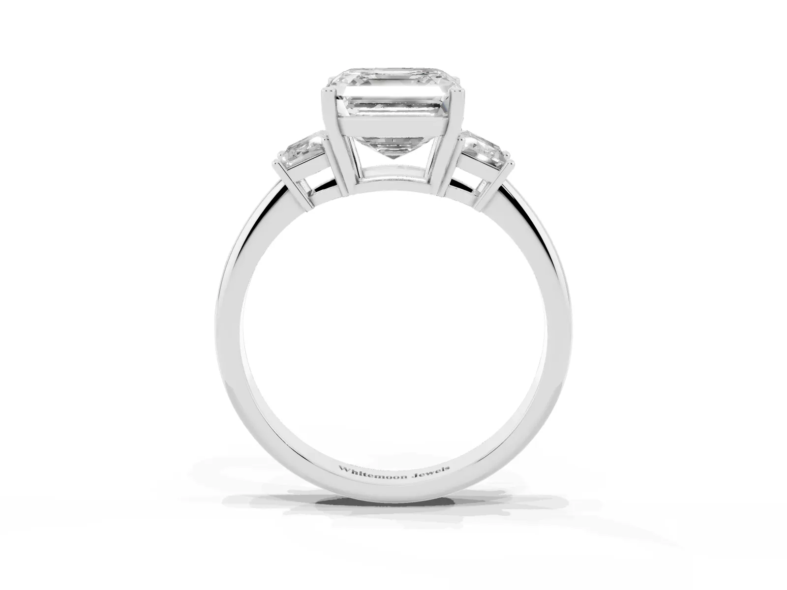 Asscher Cut Diamond Three-Stone Ring with Trapezoid Side Stones and Prong Setting White gold