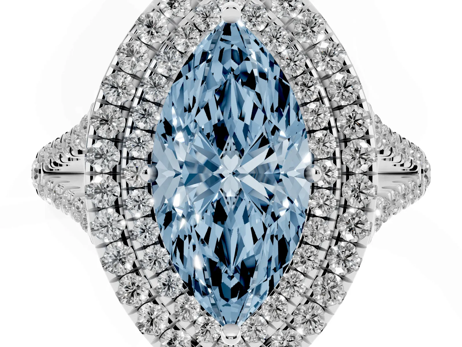 Fancy Blue Marquise Cut Diamond Double Halo Ring with Pavé Band and Prong Setting Platinum