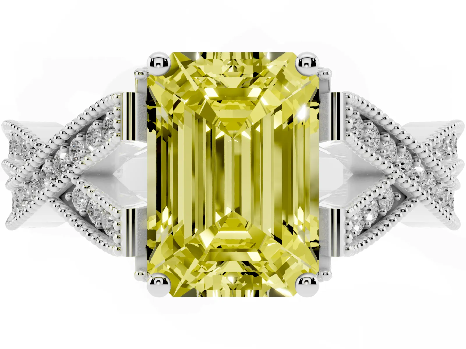 Fancy Yellow Emerald Cut Cut Diamond Twisted Band with Milgrain Pave Setting and Four-Prong Setting Platinum