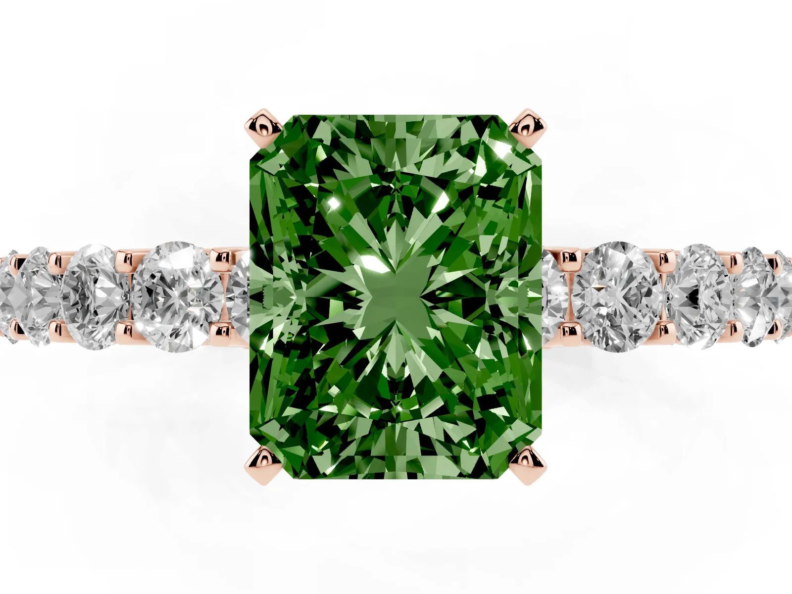 Fancy Green Radiant Cut Diamond Solitaire Ring with Shared Prong Pavé Band and Four-Prong Setting Rose gold