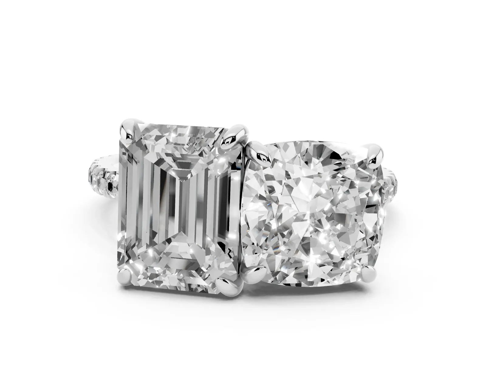 Cushion and Emerald Toi Moi Ring with Prong Setting and Pave Band Platinum
