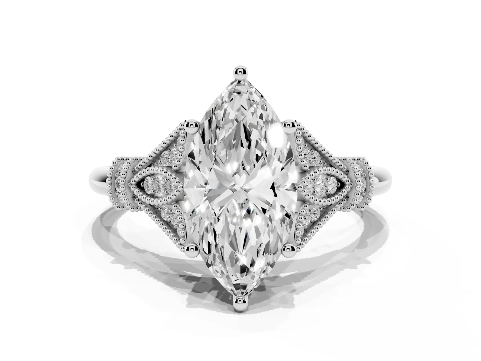 Marquise Cut Diamond Solitaire Ring with Floral Filigree and Pave Accents Platinum