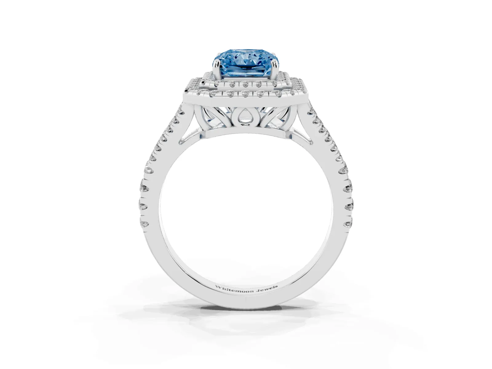 Fancy Blue Radiant Cut Diamond Double Halo Ring with Pavé Band and Prong Setting Platinum