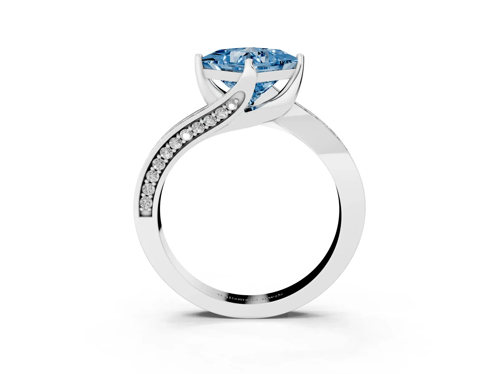 Fancy Blue Princess Cut Solitaire Diamond Twist Band with Pavé Setting and Four-Prong Setting Platinum