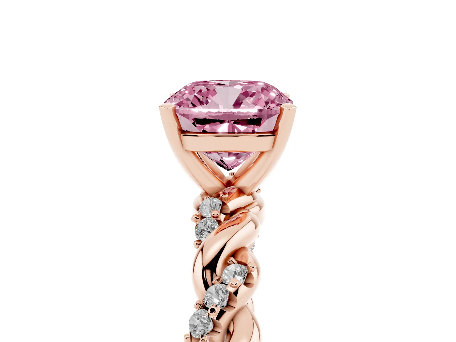 Fancy Pink Cushion Cut Diamond Solitaire Ring with Twisted Band and Pavé Accents Rose gold