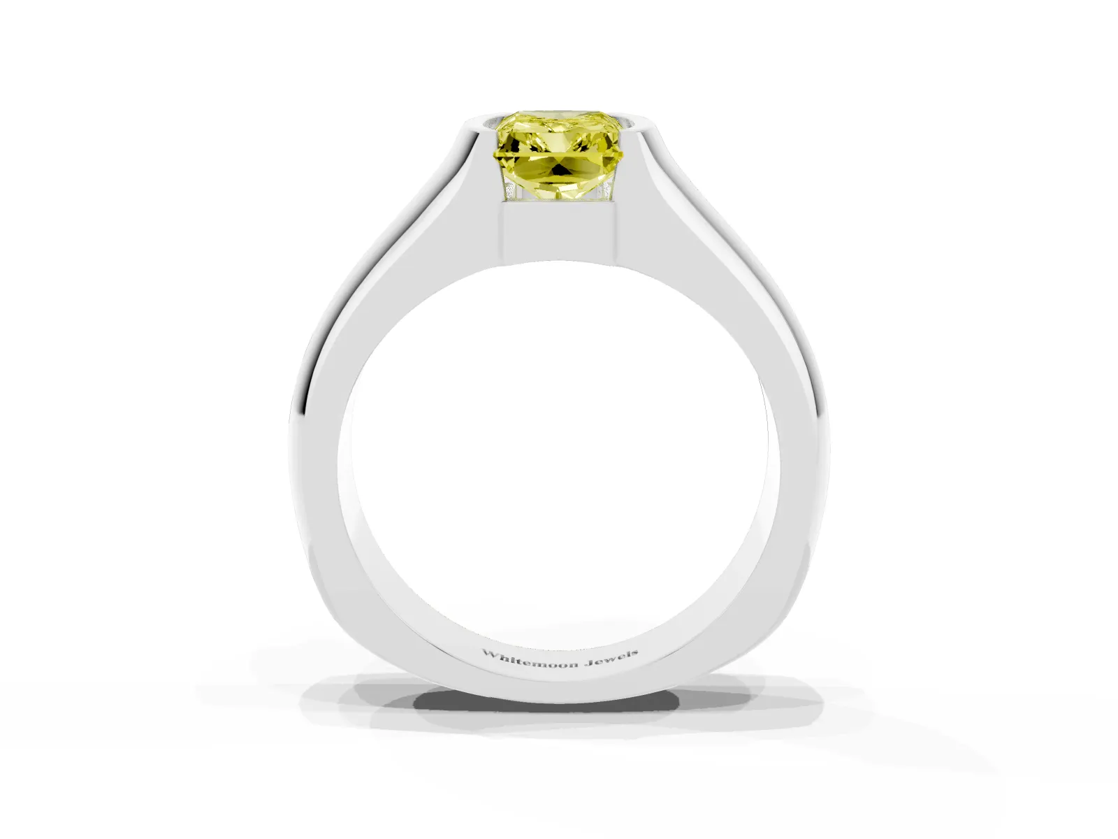 Fancy Yellow Radiant Cut Solitaire Bezel Set Diamond Ring with Wide Band White gold