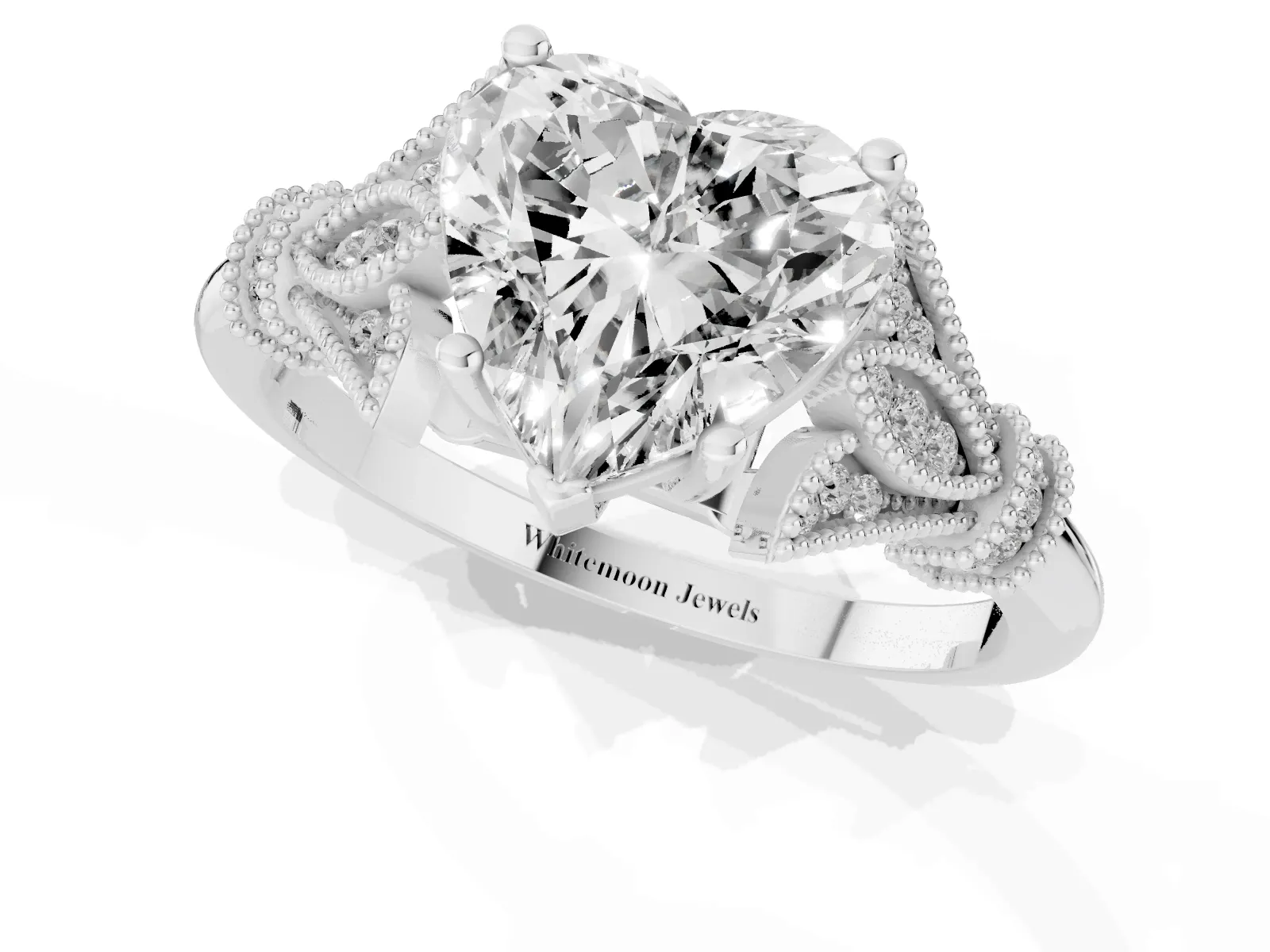 Heart Cut Diamond Solitaire Ring with Floral Filigree and Pave Accents Platinum