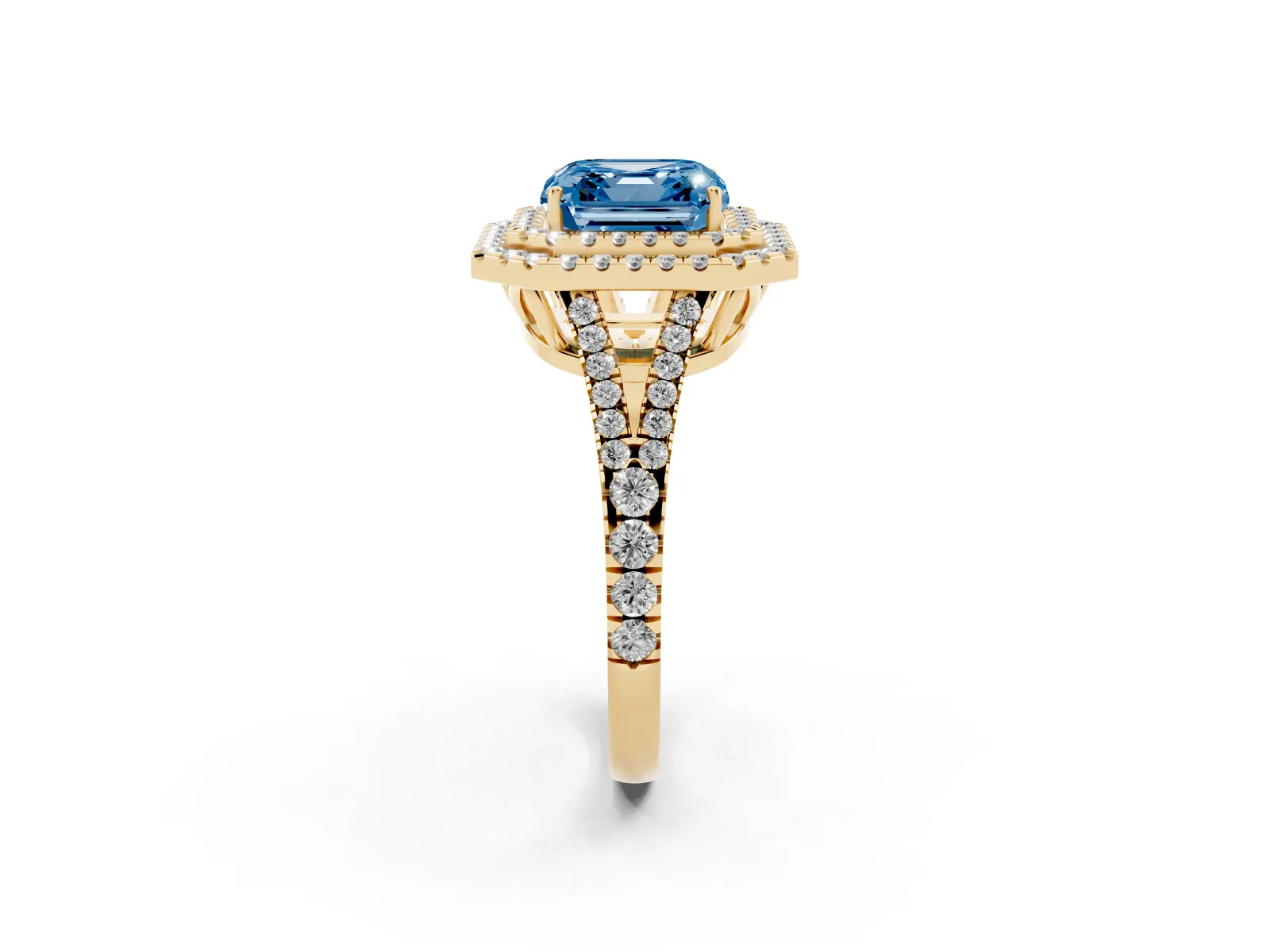 Fancy Blue Asscher Cut Diamond Double Halo Ring with Pavé Band and Prong Setting Yellow gold