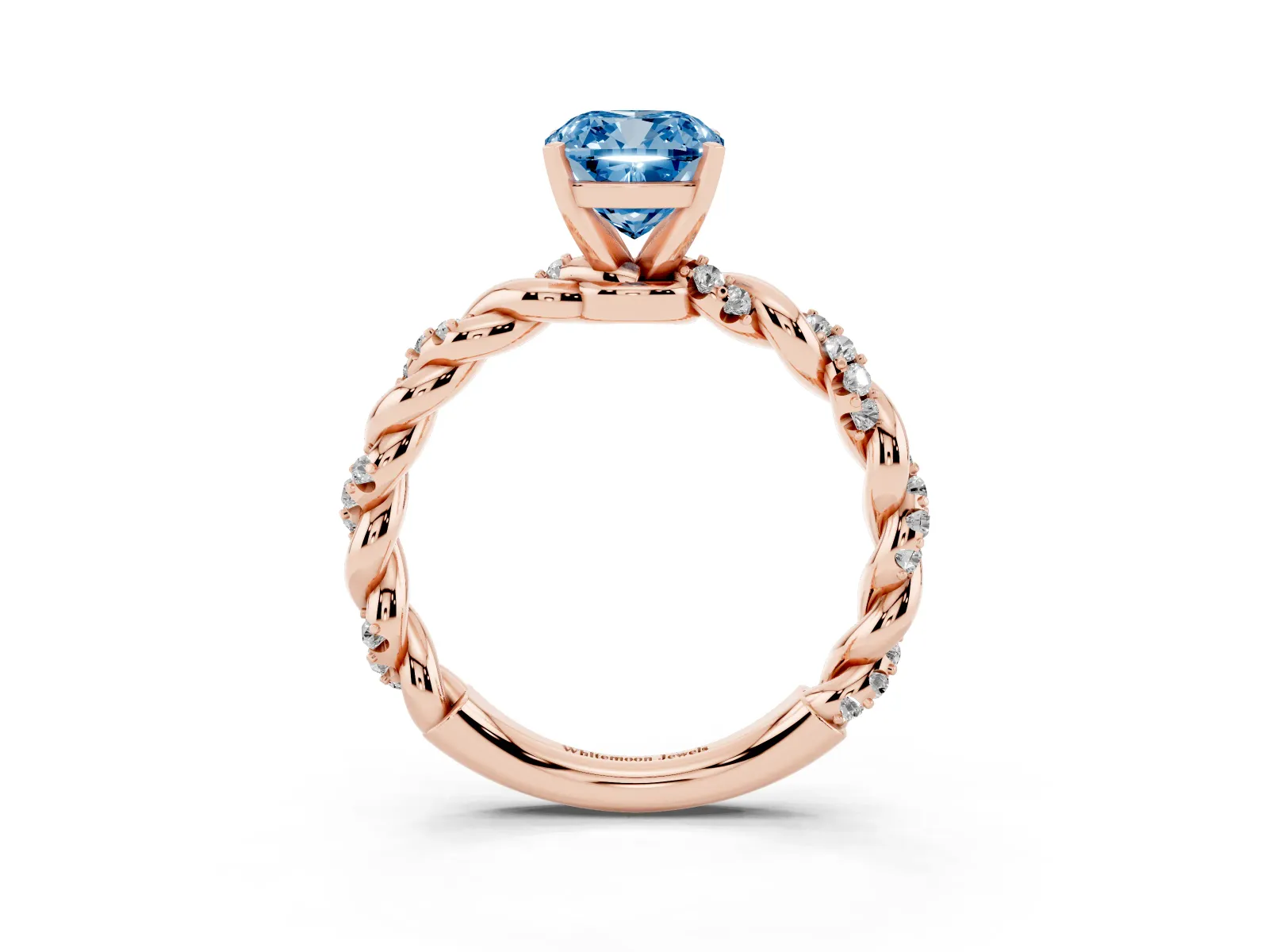 Fancy Blue Cushion Cut Diamond Solitaire Ring with Twisted Band and Pavé Accents Rose gold