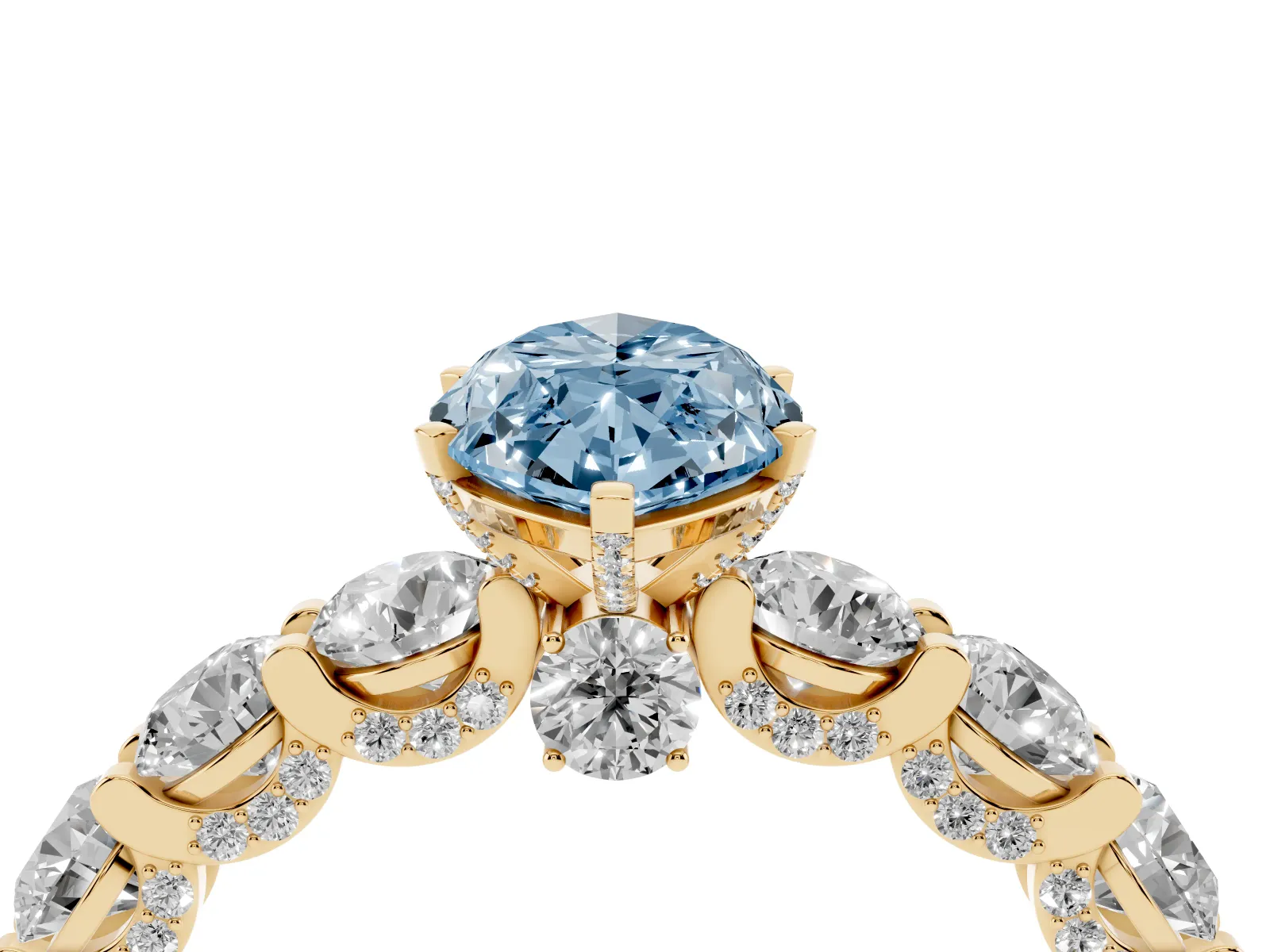Fancy Blue Marquise Cut Diamond Side Stone Engagement Ring with Four-Prong Setting Yellow gold