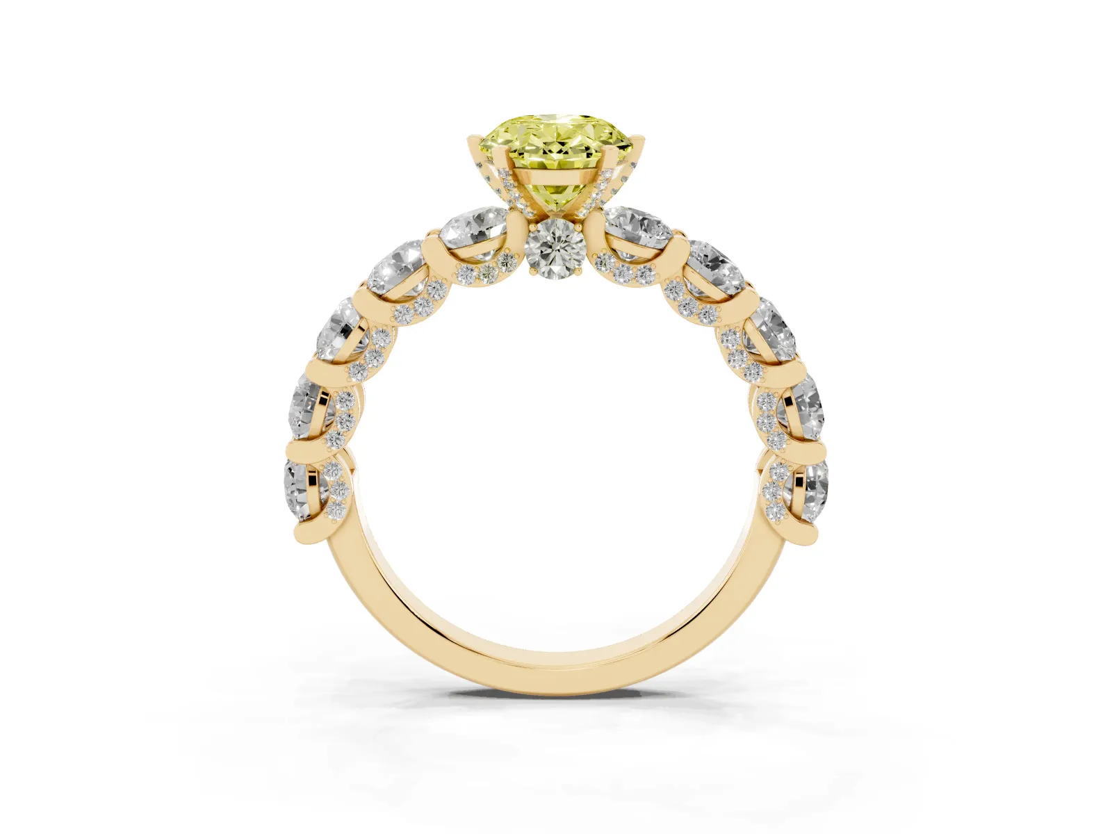 Fancy Yellow Oval Cut Diamond Side Stone Engagement Ring with Four-Prong Setting Yellow gold