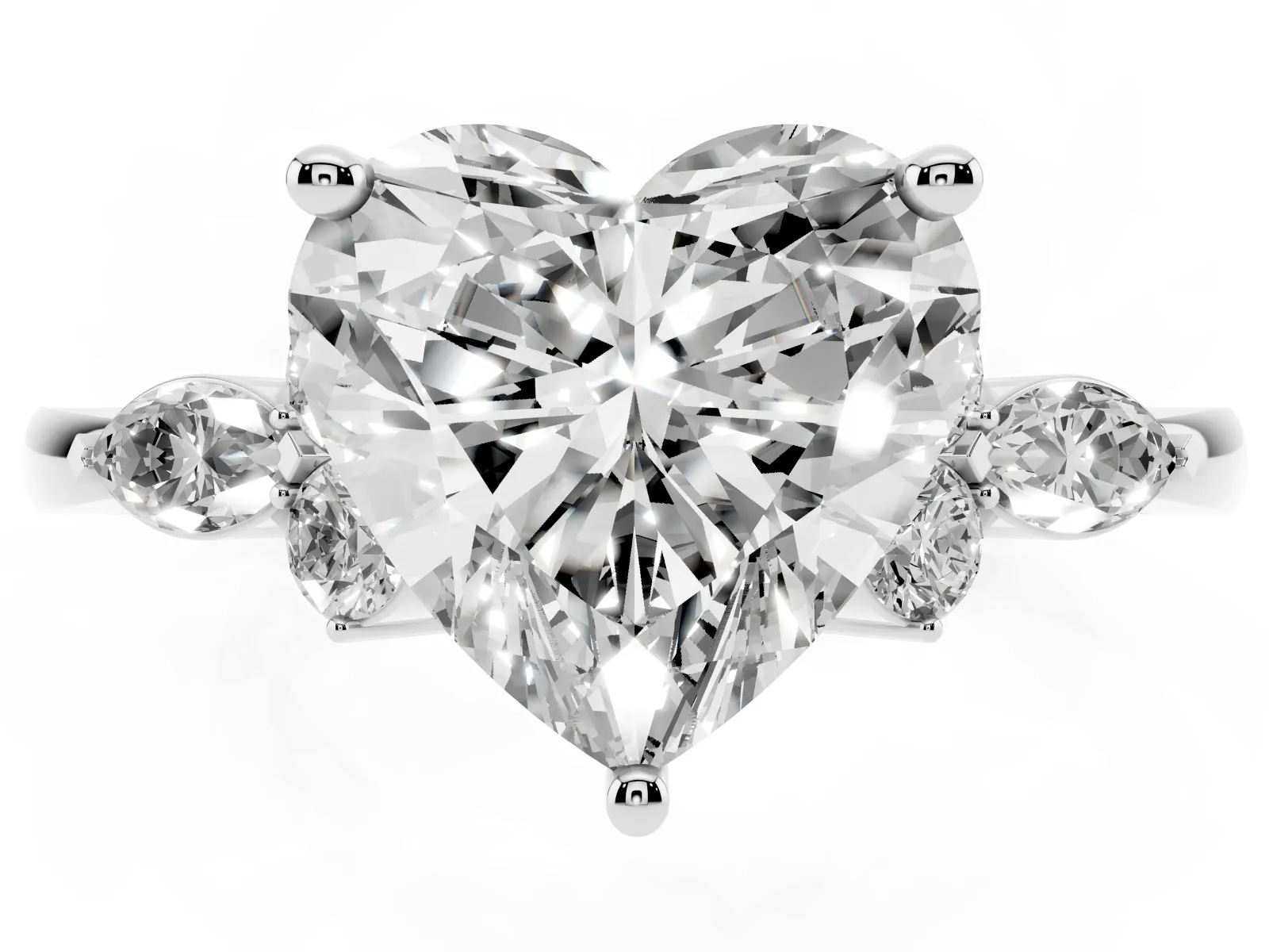 Heart Cut Brilliant Diamond Solitaire Ring with Pear Side Stones and Four-Prong Setting Platinum