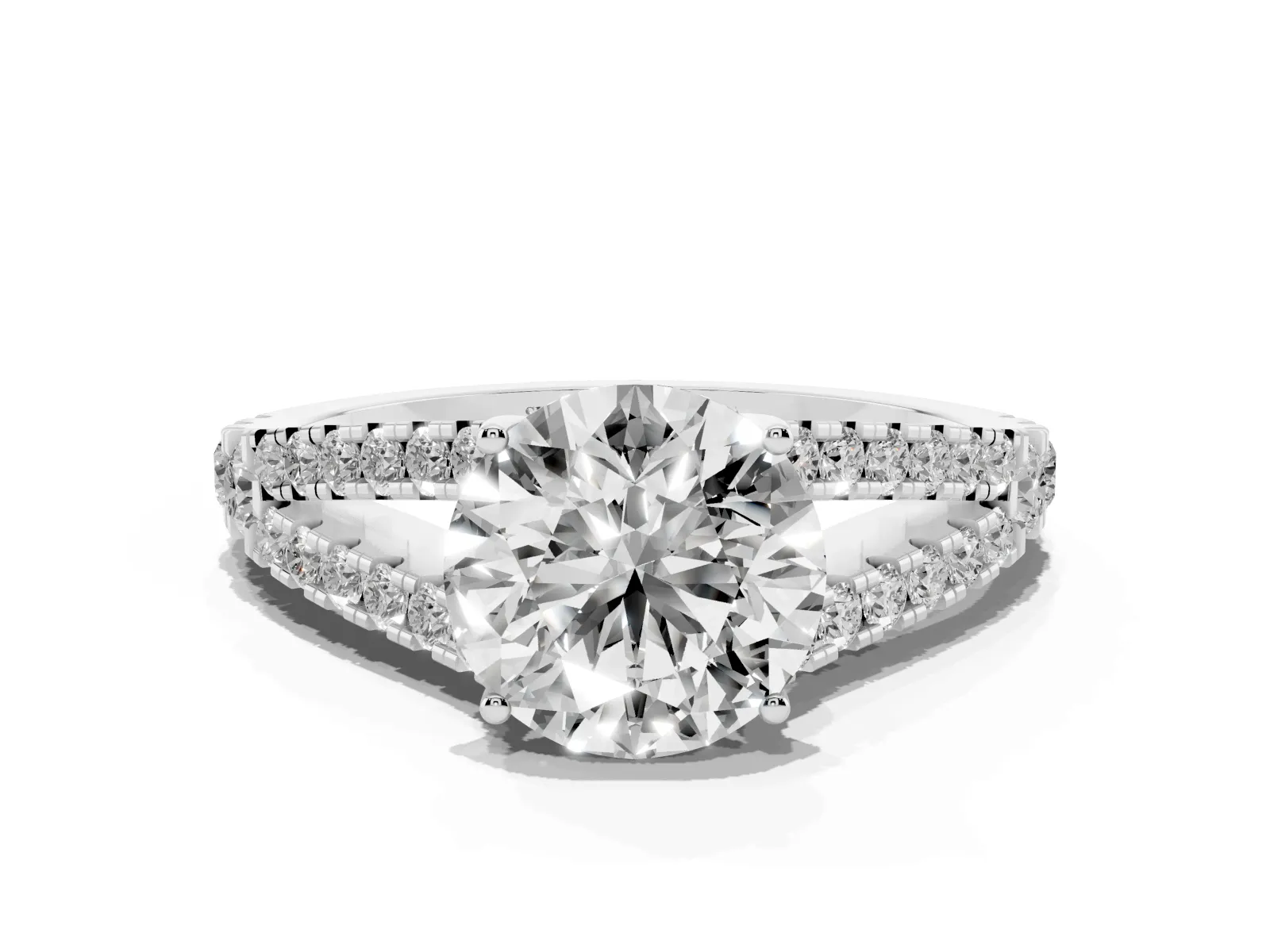 Round Cut Diamond Split Shank Engagement Ring with Round Pavé and Prong Setting White gold
