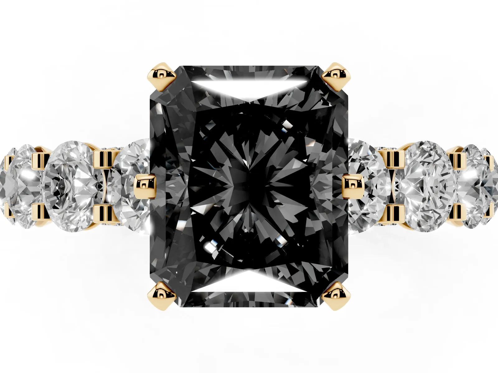 Fancy Black Radiant Cut Diamond Side Stone Engagement Ring with Four-Prong Setting Yellow gold