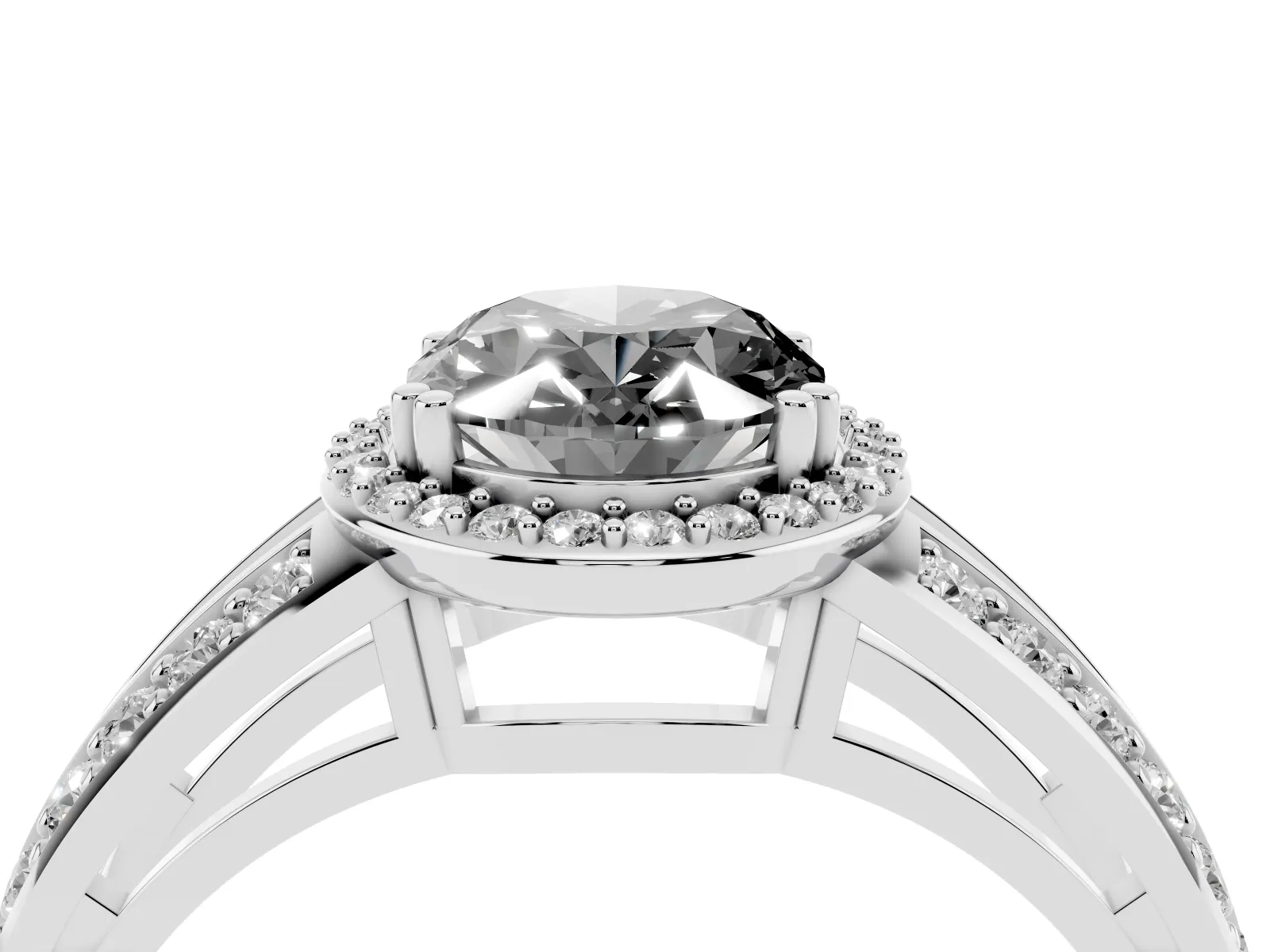 Fancy Black Oval Cut Diamond Halo Ring with Split Shank Pavé Band and Four-Prong Setting White gold