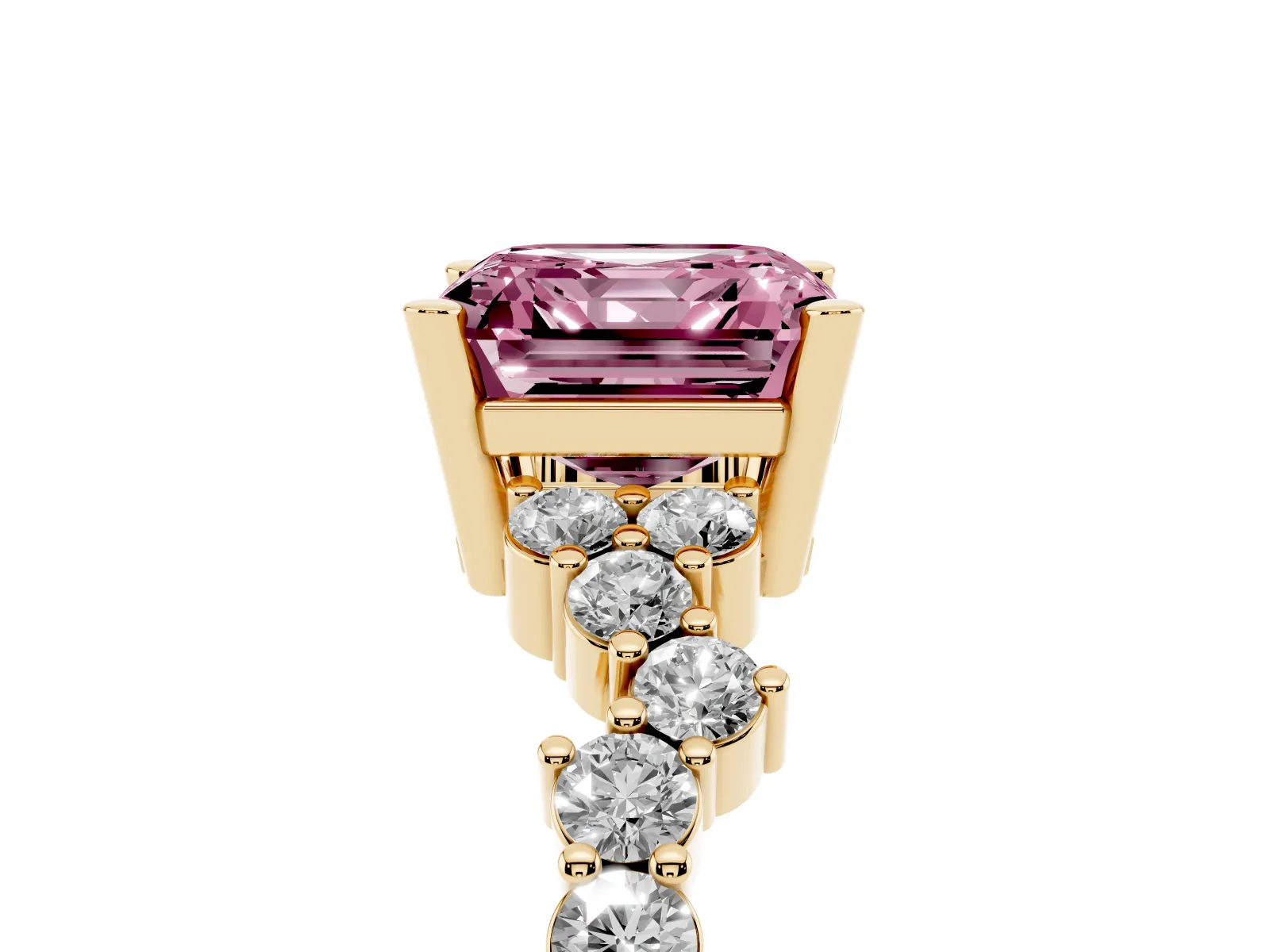 Fancy Pink Asscher Cut Diamond Scattered Round Accent Ring with Prong Setting Yellow gold