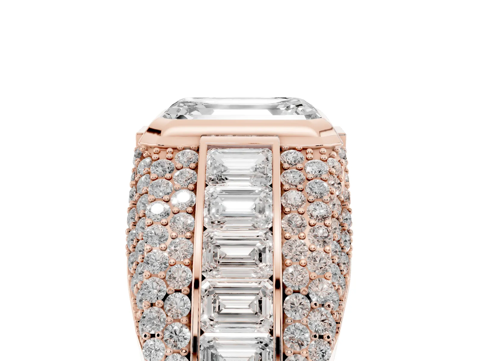 Emerald Cut Diamond Mens Ring with Side Stones Rose gold